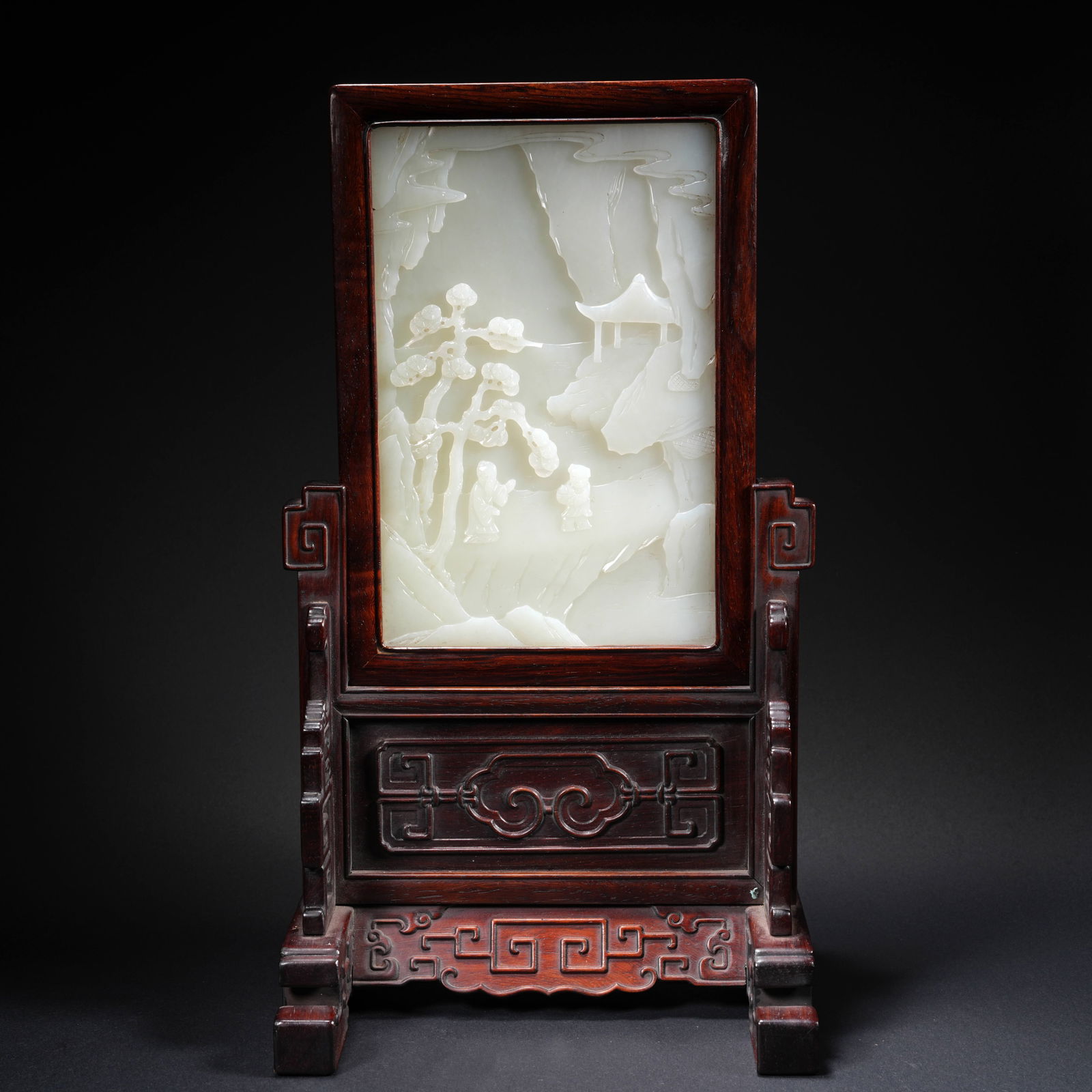 A ZITAN WOOD INLAID WITH HETIAN JADE CARVED LANDSCAPE AND FIGURAL SCREEN PANEL (1 of 10)