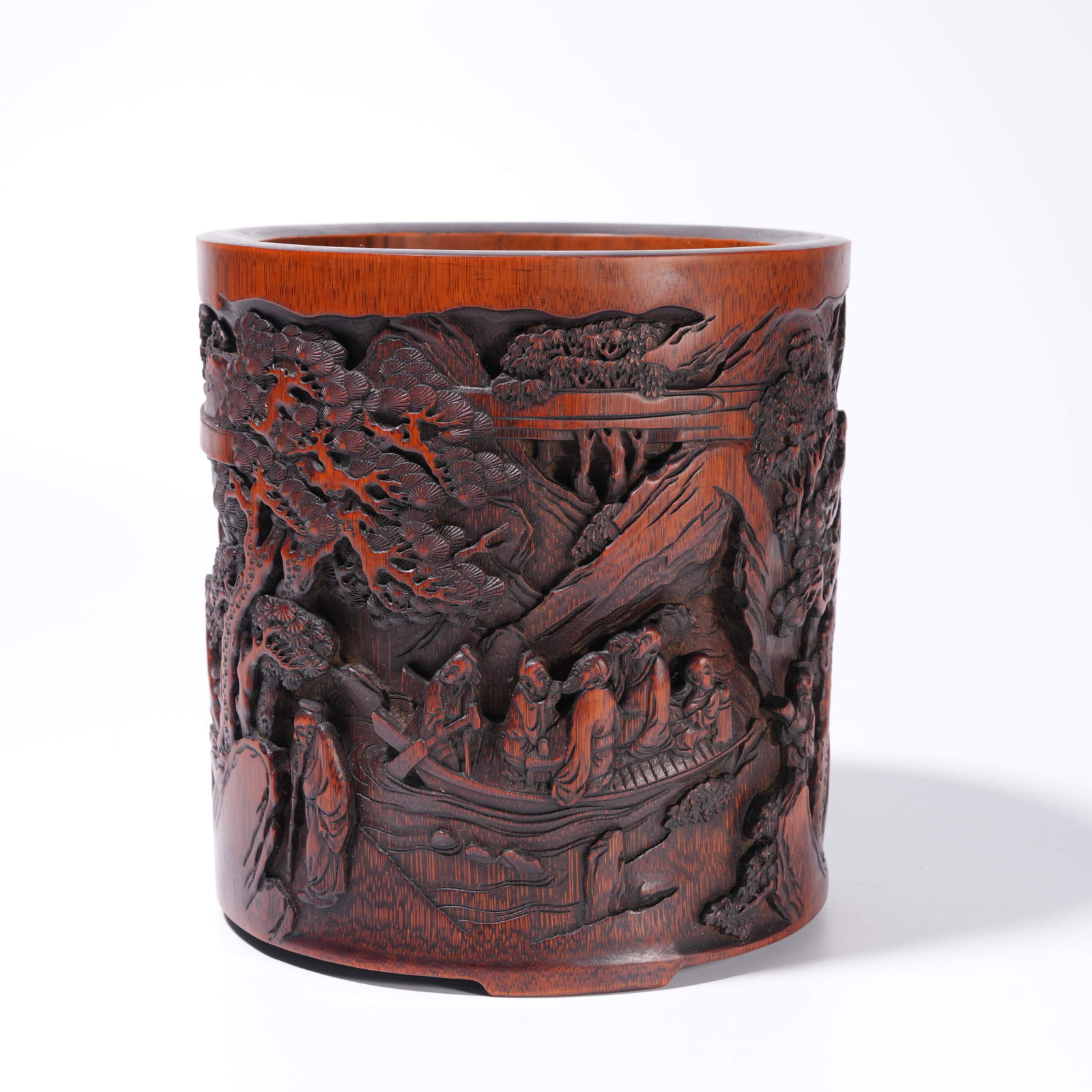 A BAMBOO ROOT CARVING LANDSCAPE AND FIGURE-PATTERN BRUSH HOLDER: Bamboo Root Carving Landscape and Figure-Pattern Brush Holder