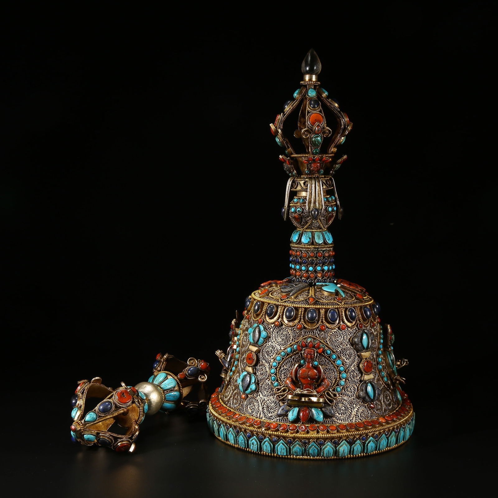 A CLOISONNÉ BRONZE GEM-INLAID VAJRA BELL AND MALLET SET: Cloisonné Bronze Gem-Inlaid Vajra Bell and Mallet Set