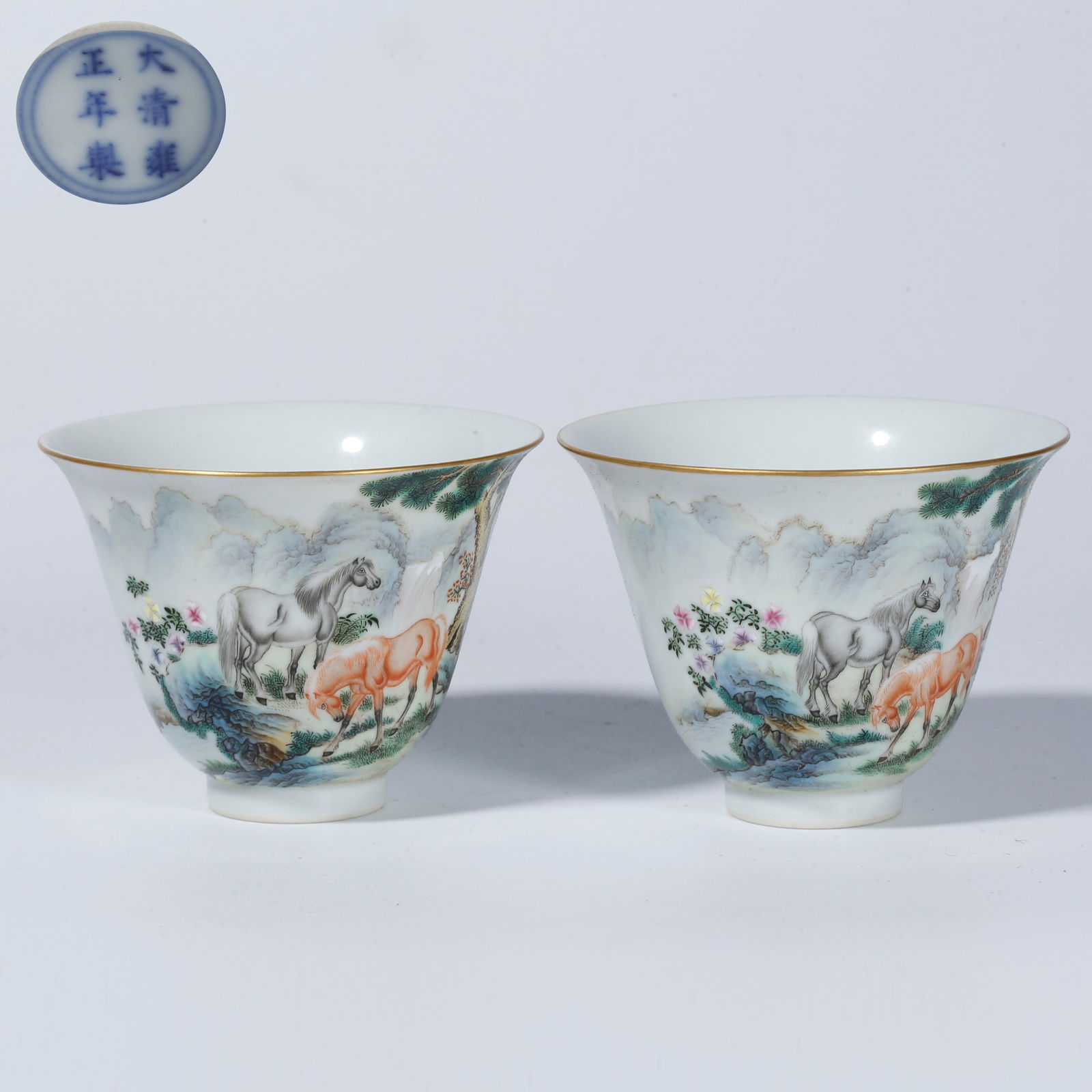 A FAMILLE ROSE CUP WITH FINE HORSE DESIGN (PAIR): Famille Rose Cup with Fine Horse Design (Pair)