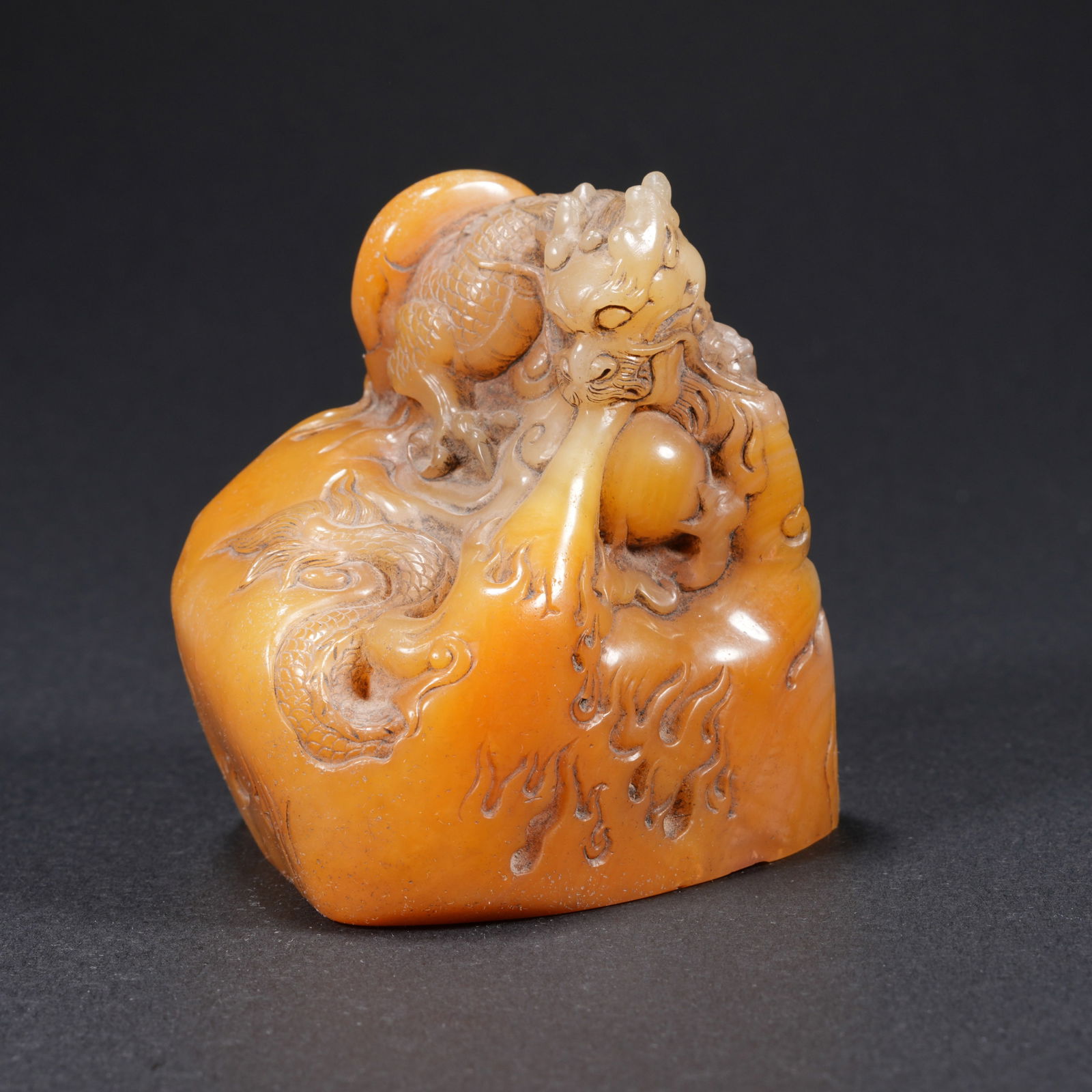 A SHOUSHAN STONE CARVED SEAL WITH BEAST FINIAL: Shoushan Stone Carved Seal with Beast Finial