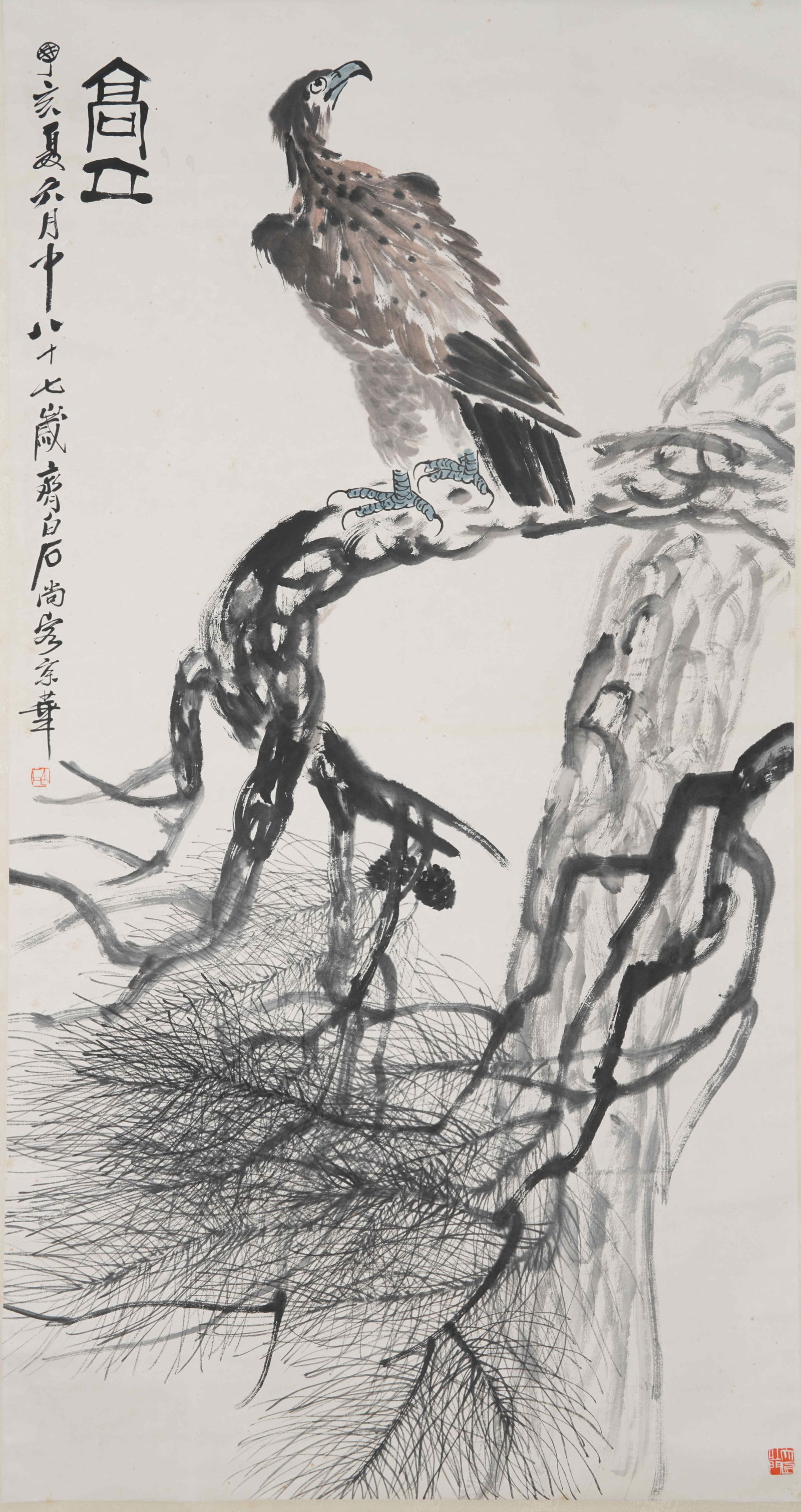 A EAGLE PAINTING ON PAPER BY QI BAISHI.齊白石: Eagle Painting on Paper by Qi Baishi.齊白石