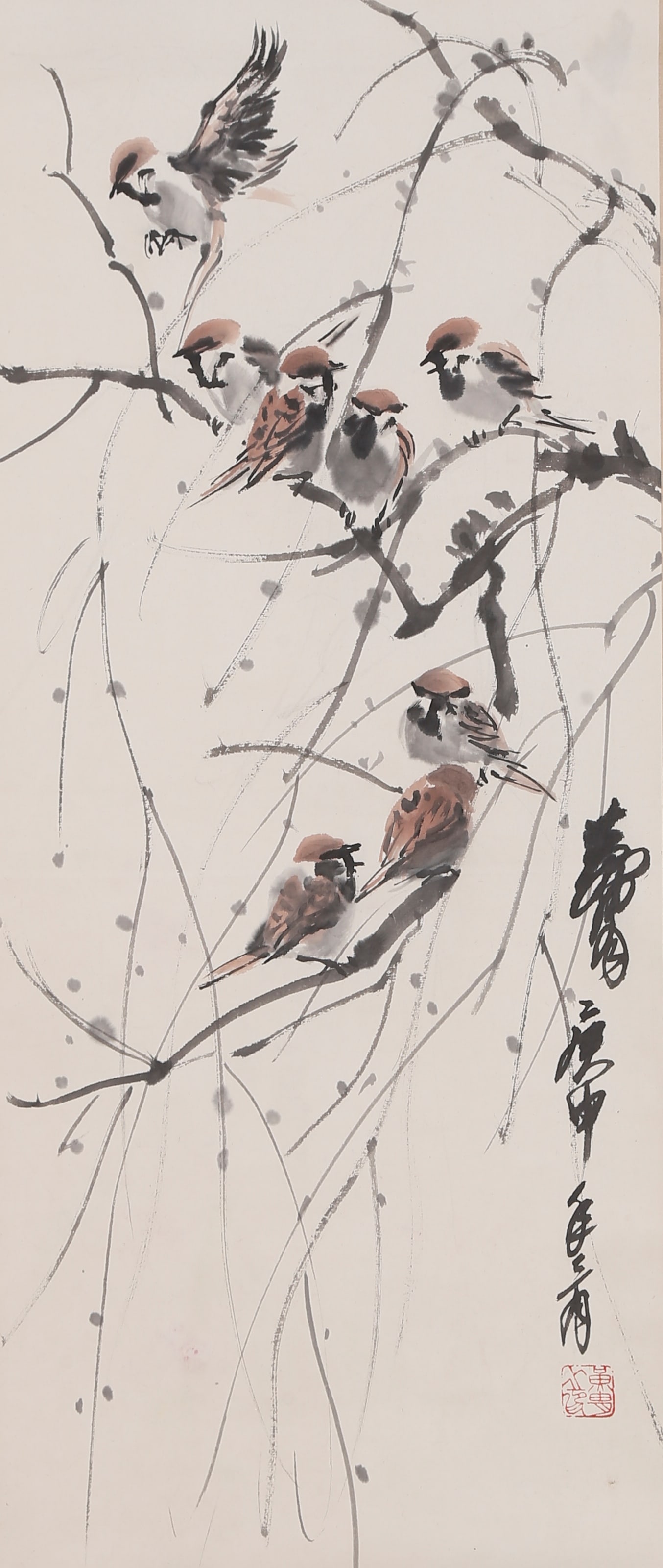 A FLOWER AND BIRD PAINTING ON PAPER BY HUANG ZHOU.黃胄: Flower and Bird Painting on Paper by Huang Zhou.黃胄