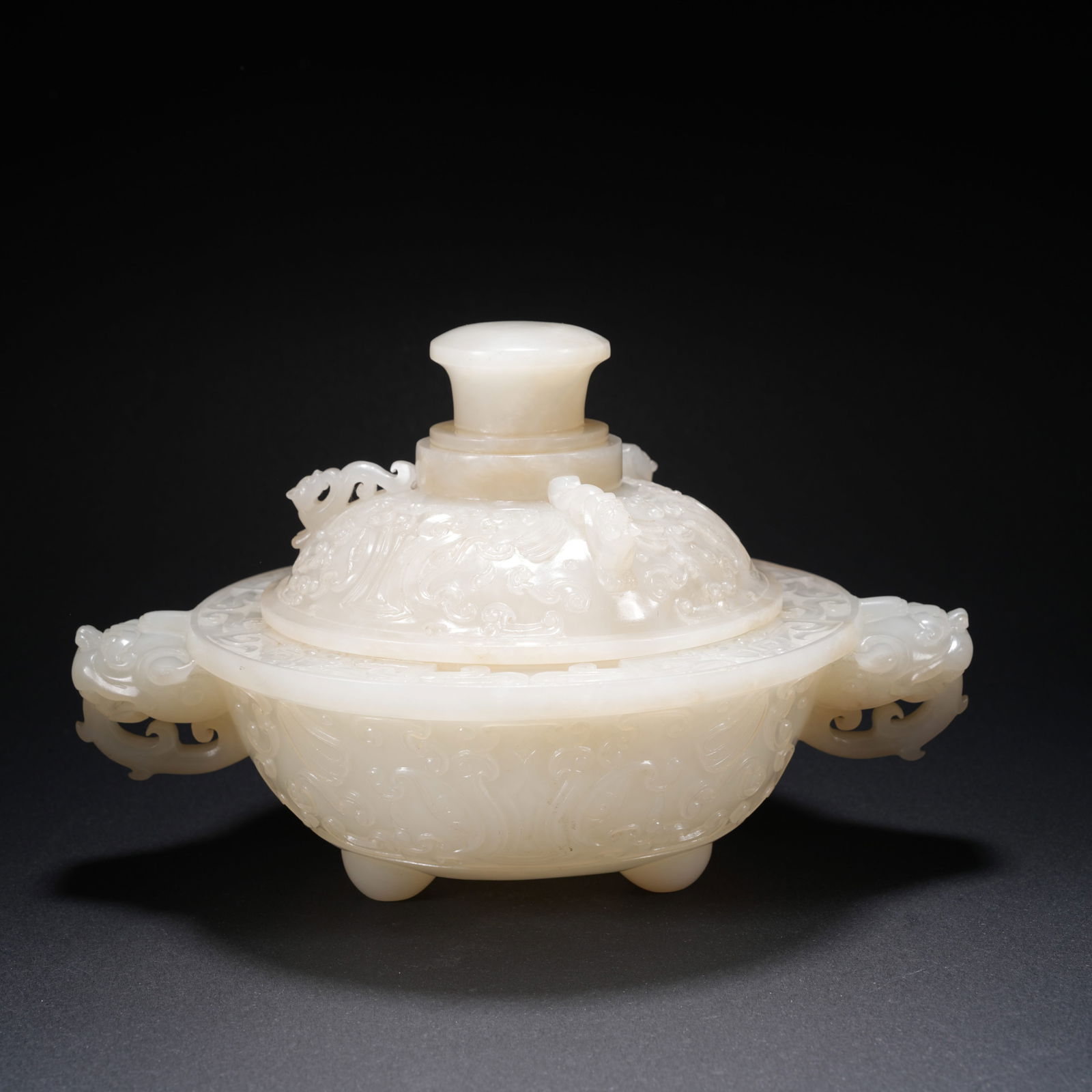A HETIAN JADE CARVED DOUBLE-BEAST-HANDLED COVERED CENSER (1 of 12)