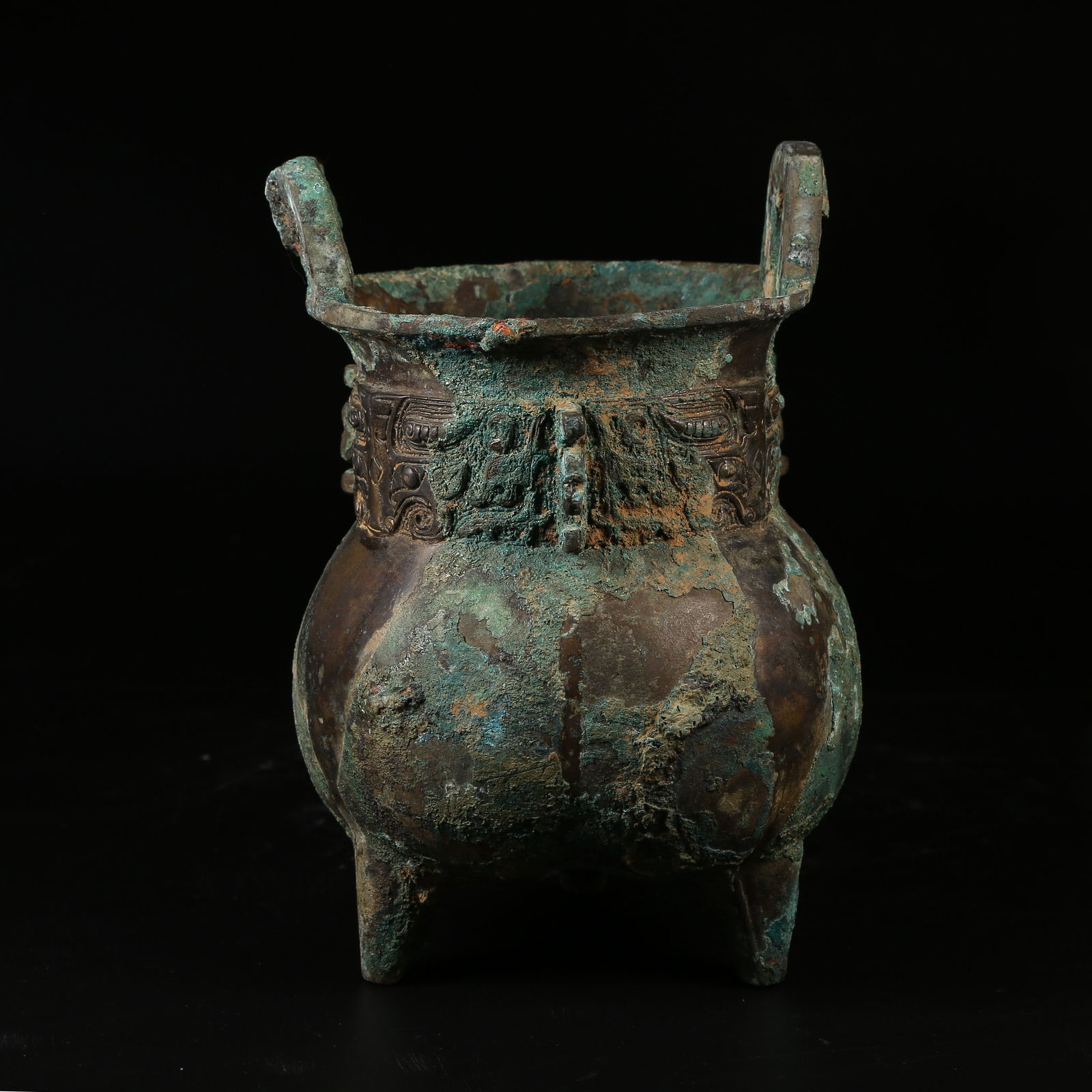 A BRONZE BEAST-FACE PATTERN THREE-LEGGED HALBERD CENSER: Bronze Beast-Face Pattern Three-Legged Halberd Censer