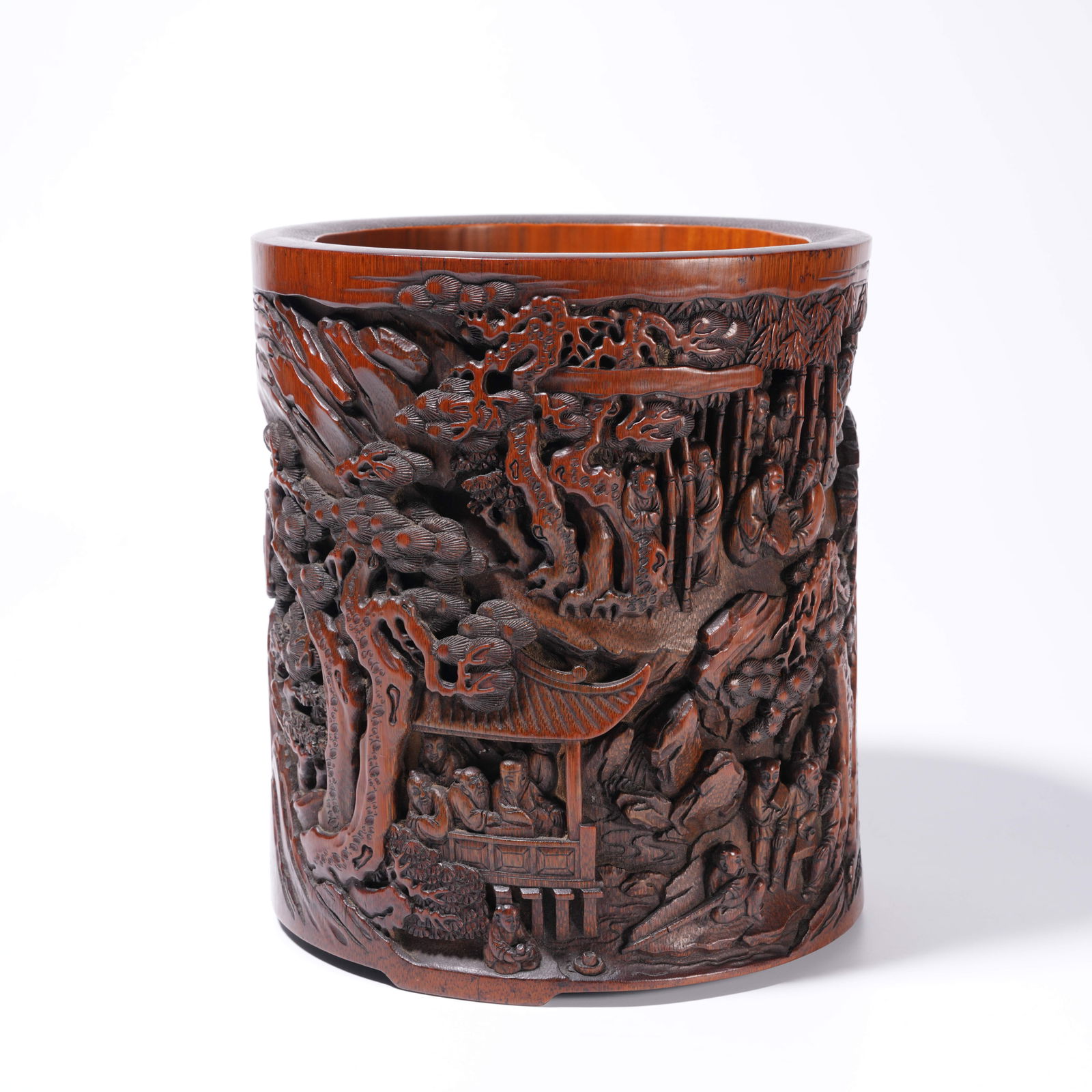 A BAMBOO ROOT CARVING SCHOLAR ELEGANT GATHERING-PATTERN BRUSH HOLDER: Bamboo Root Carving Scholar Elegant Gathering-Pattern Brush Holder