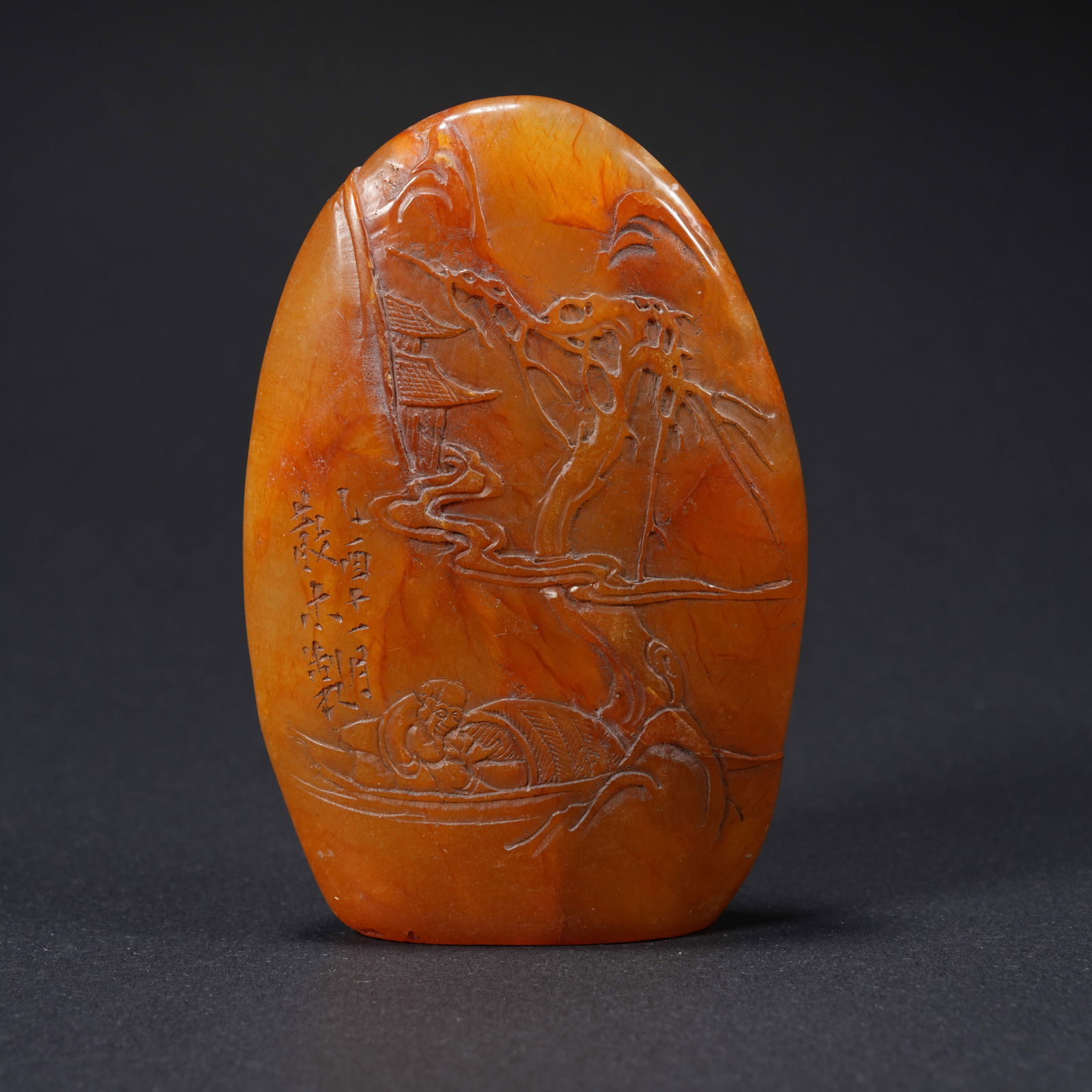 A SHOUSHAN TIANHUANG STONE CARVED SEAL WITH LANDSCAPE AND FIGURAL MOTIF (1 of 9)