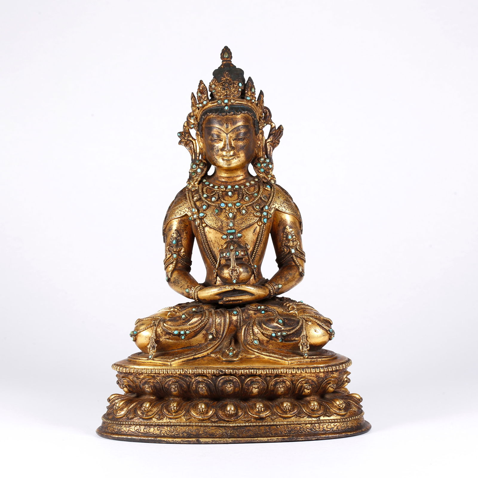 A GILT BRONZE LONGEVITY BUDDHA STATUE: Gilt Bronze Longevity Buddha Statue
