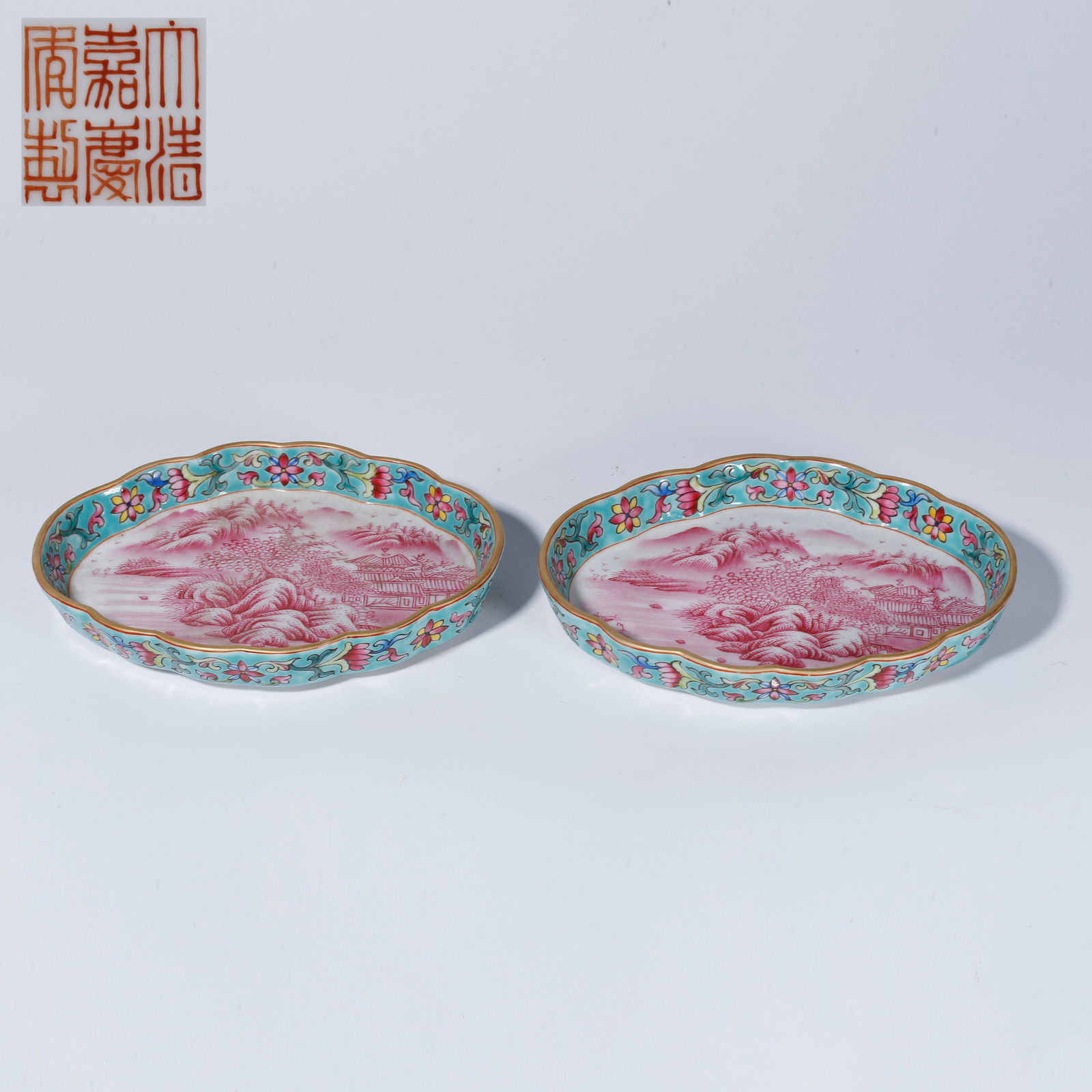 A FAMILLE ROSE LANDSCAPE PLATE (PAIR): Famille Rose Landscape Plate (Pair)