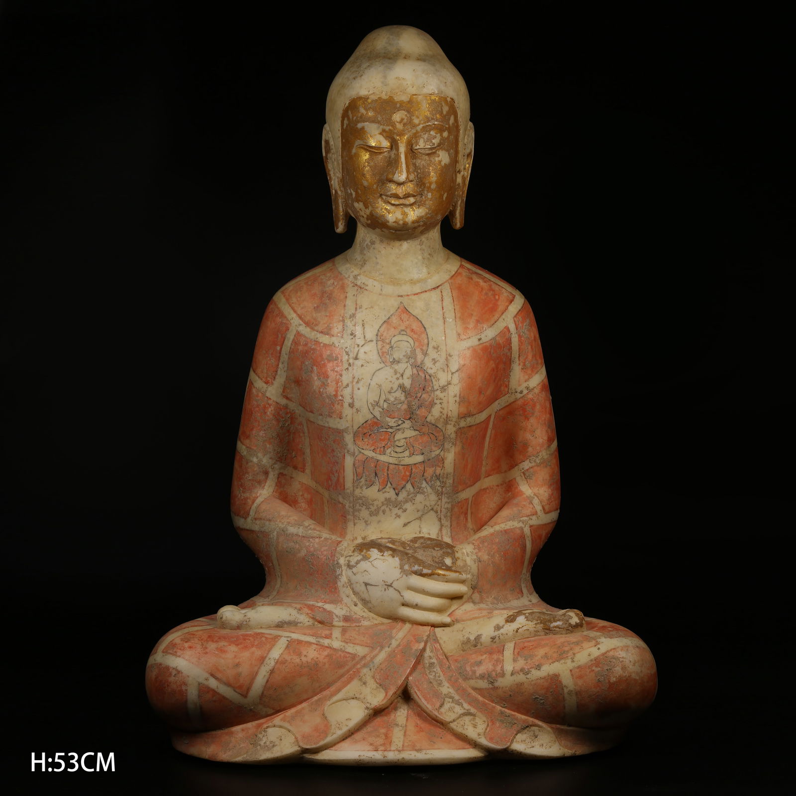 A POLYCHROME WHITE MARBLE SHAKYAMUNI BUDDHA STATUE: Polychrome White Marble Shakyamuni Buddha Statue
