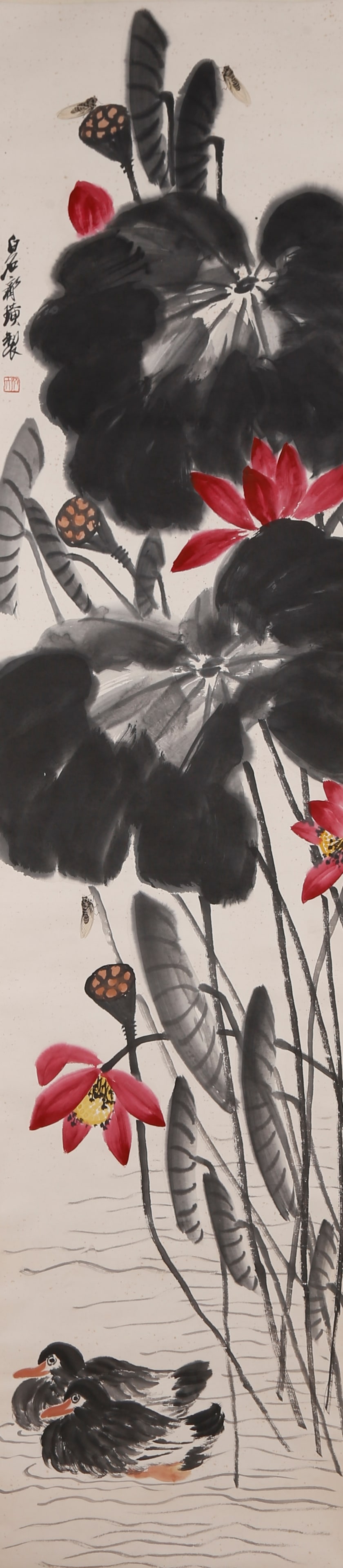 A LOTUS PAINTING ON PAPER BY QI BAISHI.齊白石: Lotus Painting on Paper by Qi Baishi.齊白石