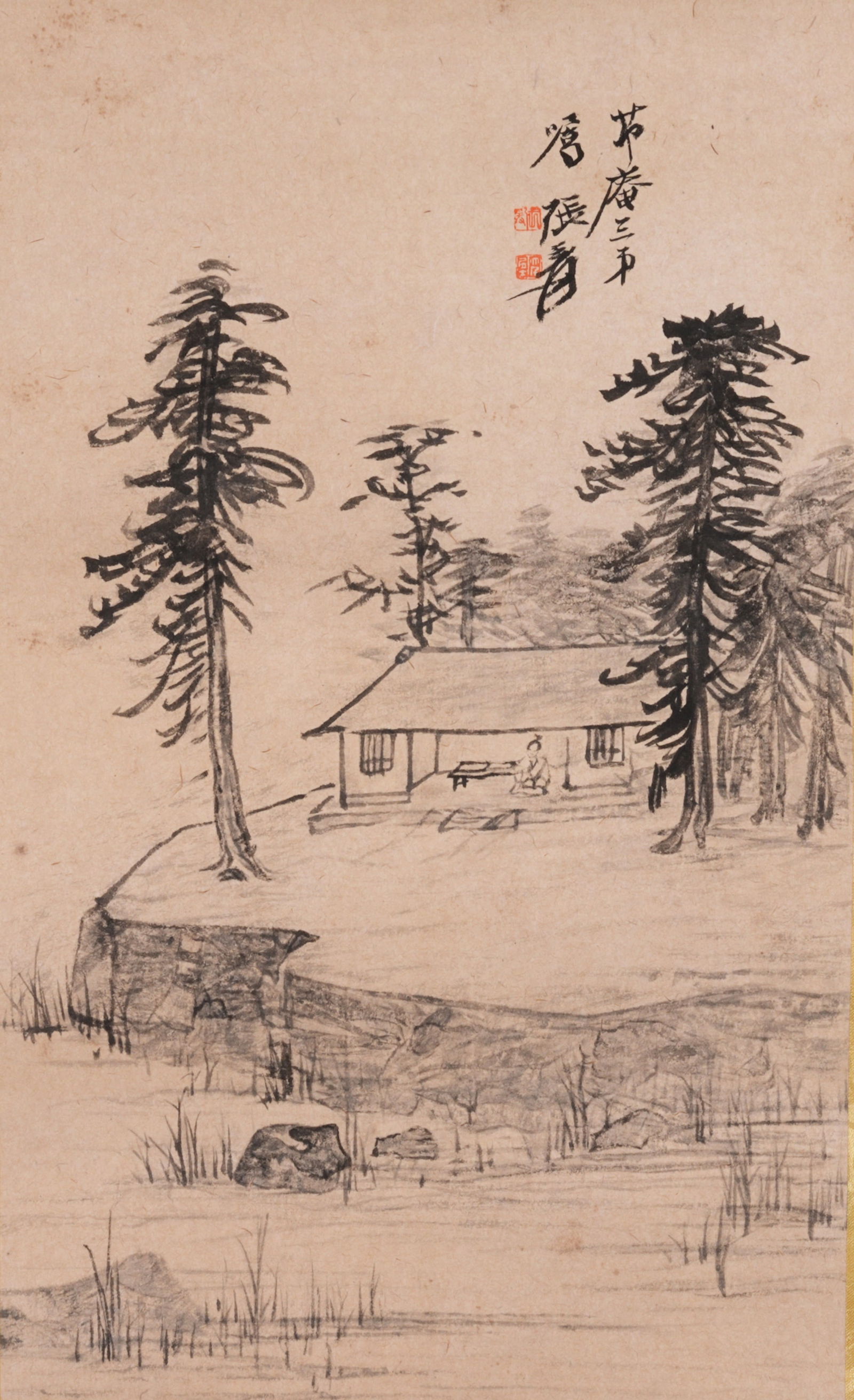 A LANDSCAPE-AND-FIGURE PAINTING ON PAPER BY ZHANG DAQIAN, HANGING SCROLL.張大千: Landscape-and-Figure Painting on Paper by Zhang Daqian, hanging scroll.張大千