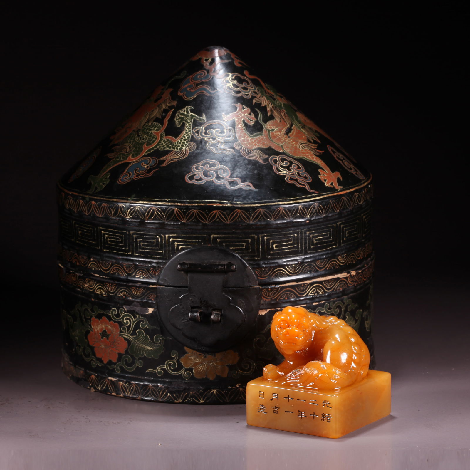 A SHOUSHAN TIANHUANG STONE SEAL WITH LION HANDLE: Shoushan Tianhuang Stone Seal with Lion Handle