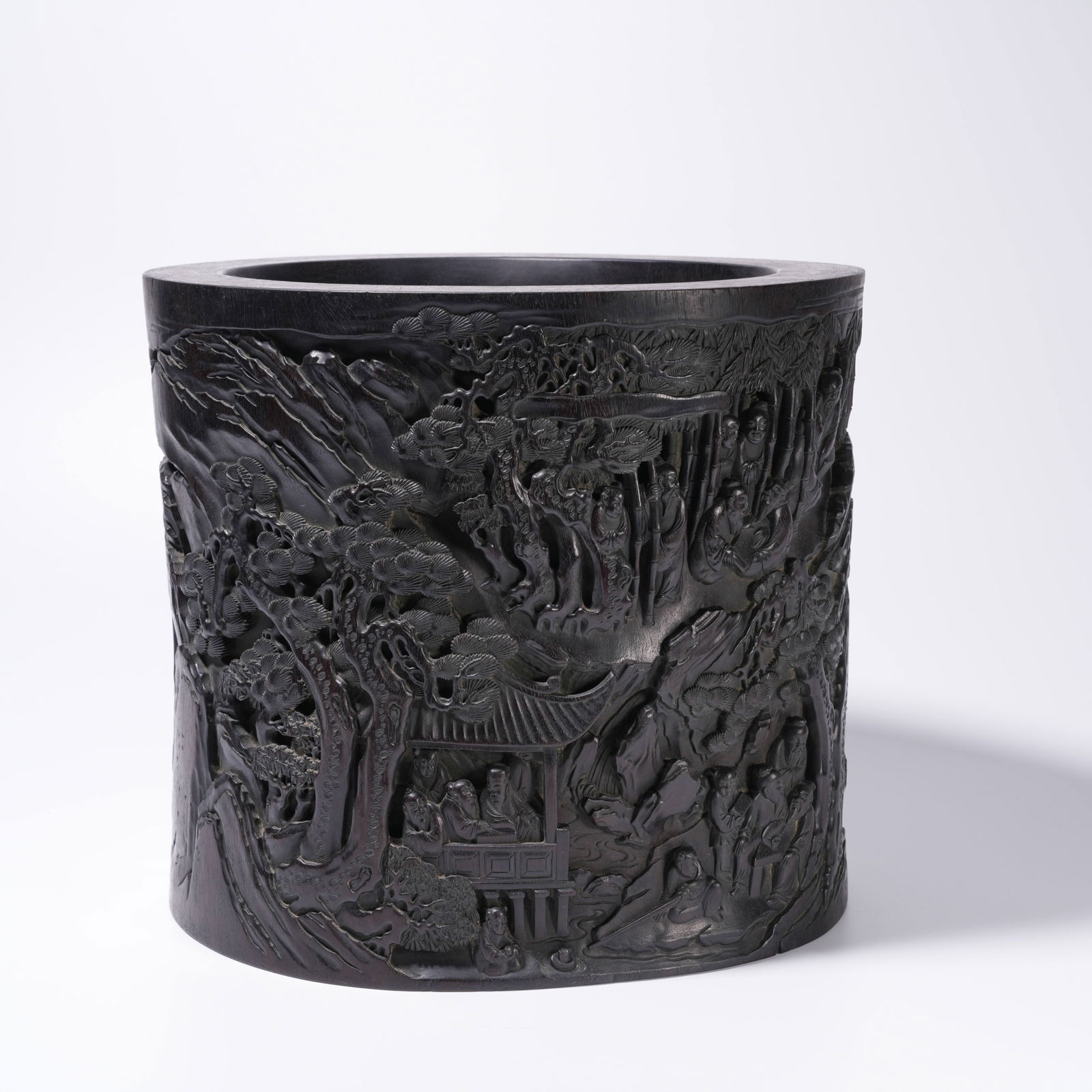 A ZITAN WOOD CARVING SCHOLAR ELEGANT GATHERING-PATTERN BRUSH HOLDER: Zitan Wood Carving Scholar Elegant Gathering-Pattern Brush Holder