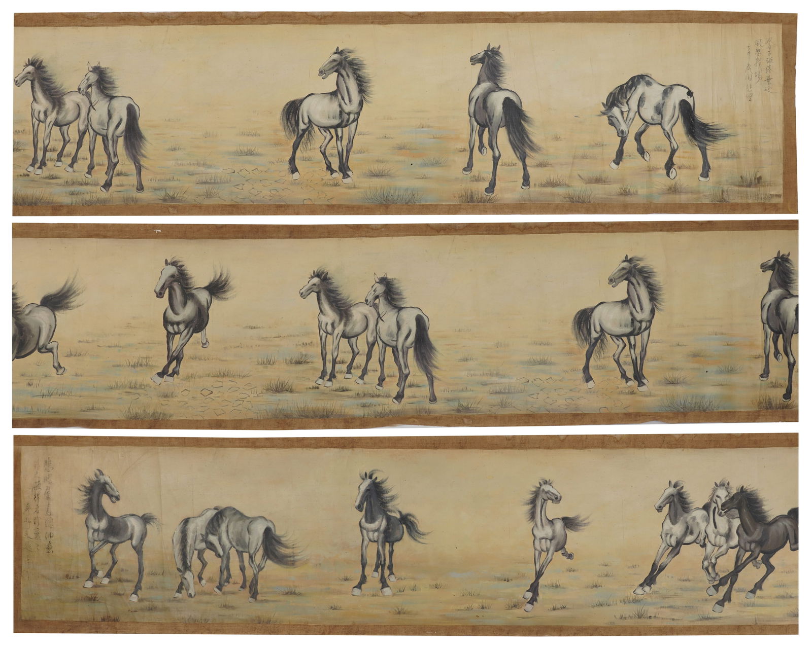 A FINE HORSE PAINTING HANDSCROLL ON SILK BY XU BEIHONG.徐悲鴻: Fine Horse Painting Handscroll on Silk by Xu Beihong.徐悲鴻