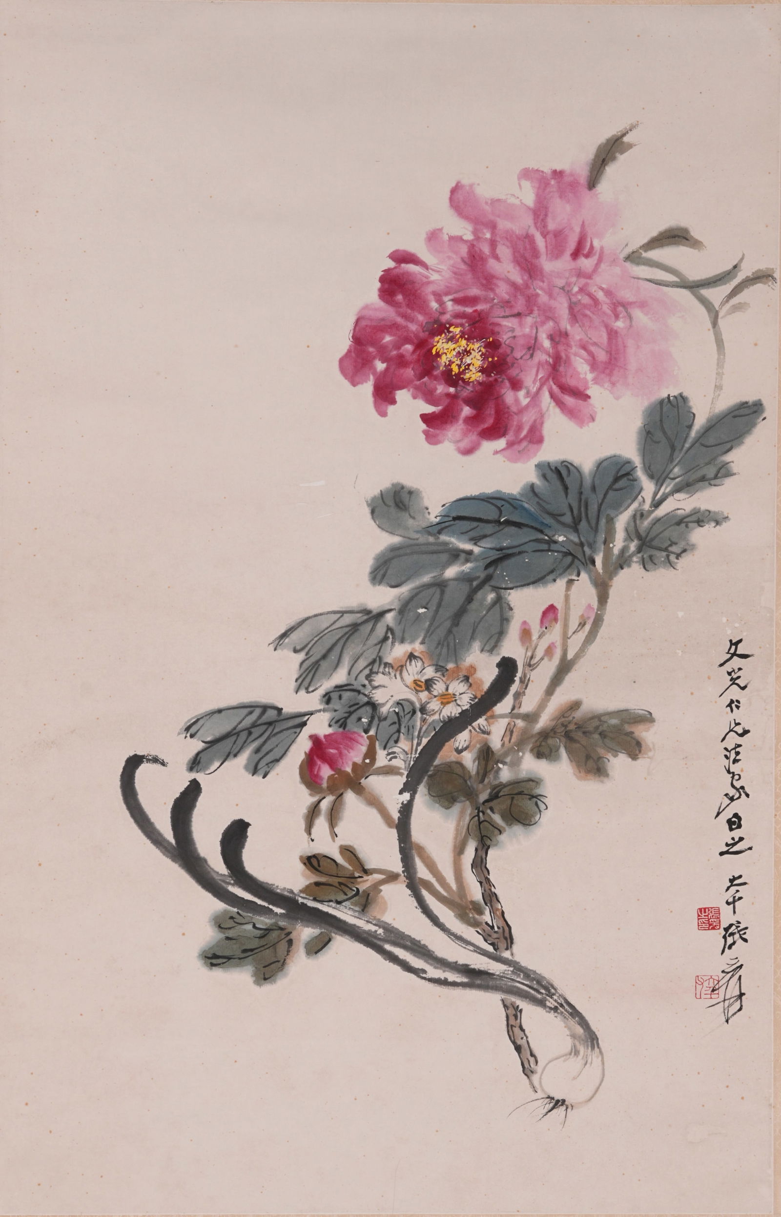 A FLOWER PAINTING ON PAPER BY ZHANG DAQIAN.張大千: Flower Painting on Paper by Zhang Daqian.張大千