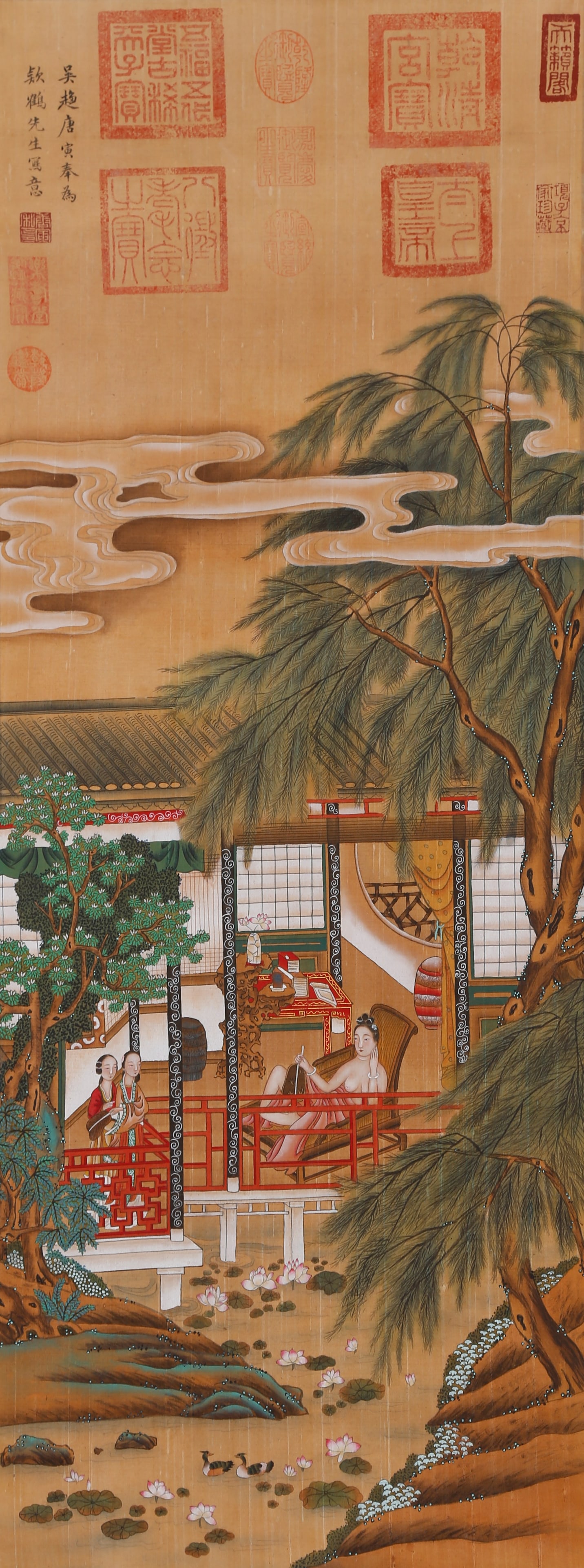 A "SUMMER LEISURE" PAINTING ON SILK BY TANG YIN.唐寅: "Summer Leisure" Painting on Silk by Tang Yin.唐寅