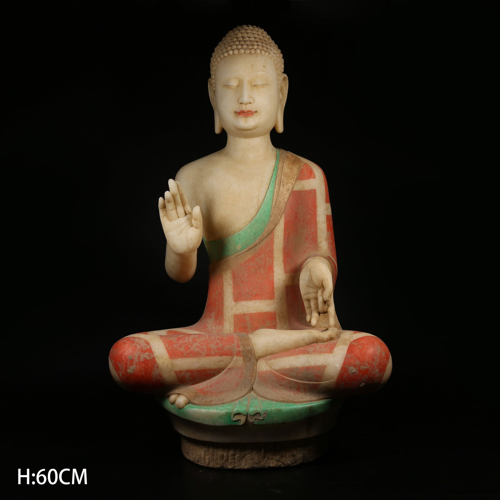 A POLYCHROME WHITE MARBLE SHAKYAMUNI BUDDHA STATUE: Polychrome White Marble Shakyamuni Buddha Statue