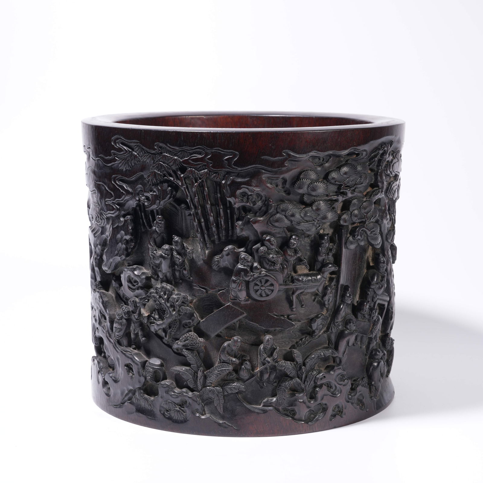 A ZITAN WOOD CARVING HUNDRED CHILDREN-PATTERN BRUSH HOLDER: Zitan Wood Carving Hundred Children-Pattern Brush Holder