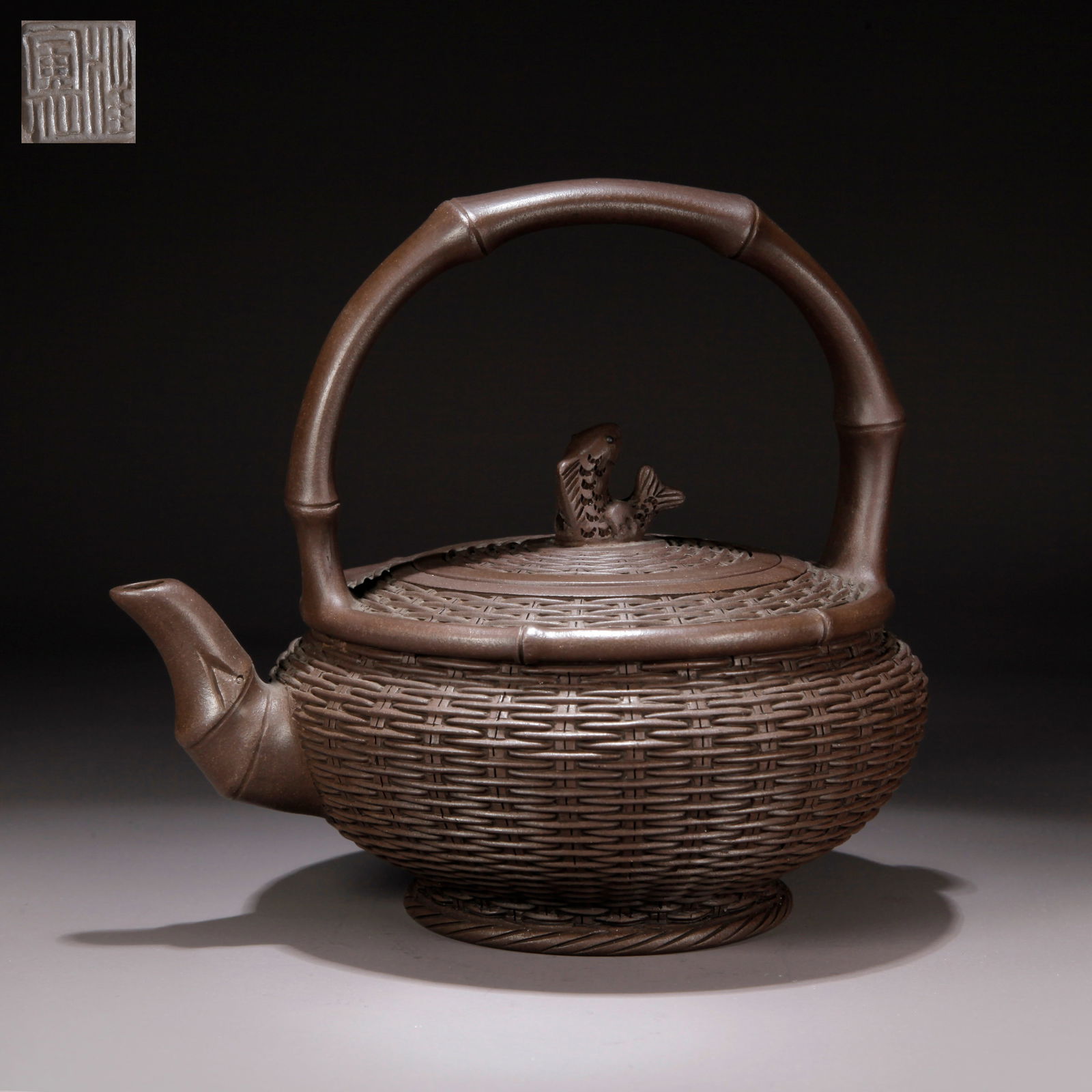 A ZISHA CLAY EWER WITH FISH KNOB: Zisha Clay Ewer with Fish Knob