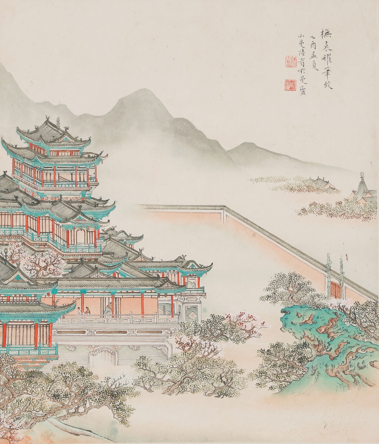 A LANDSCAPE AND PAVILION PAINTING ON PAPER BY LU XIAOMAN.陸小曼: Landscape and Pavilion Painting on Paper by Lu Xiaoman.陸小曼