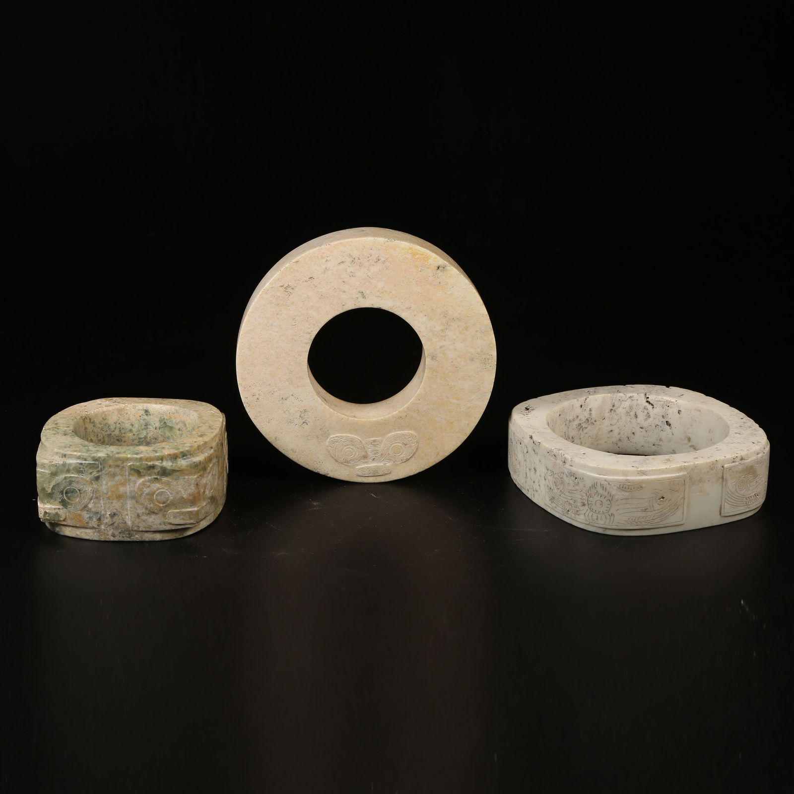 A SET OF ANCIENT JADE LIANGZHU CULTURE ANTHROPOMORPHIC FACE CONGS: Set of Ancient Jade Liangzhu Culture Anthropomorphic Face Congs