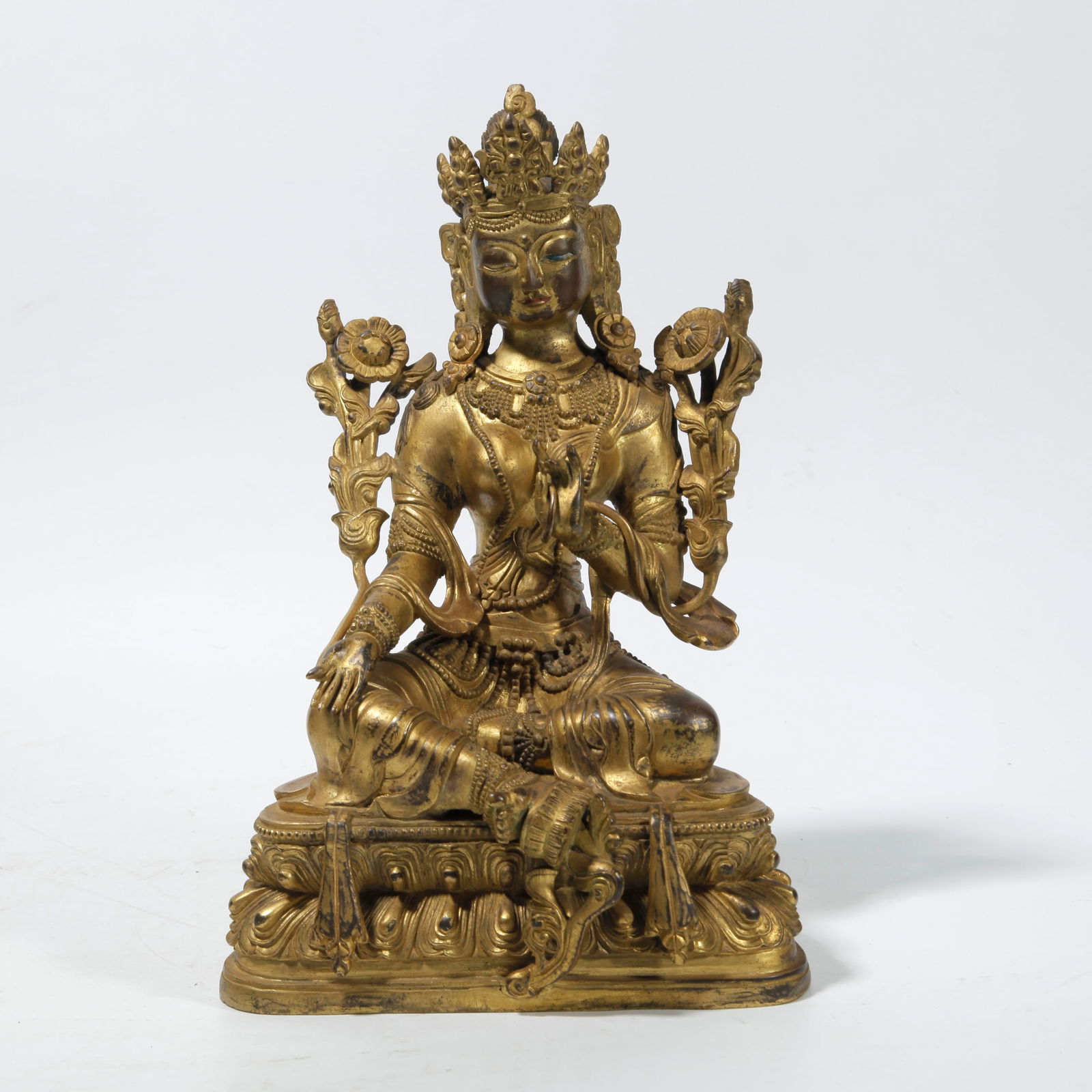 A GILT BRONZE GREEN TARA STATUE: Gilt Bronze Green Tara Statue