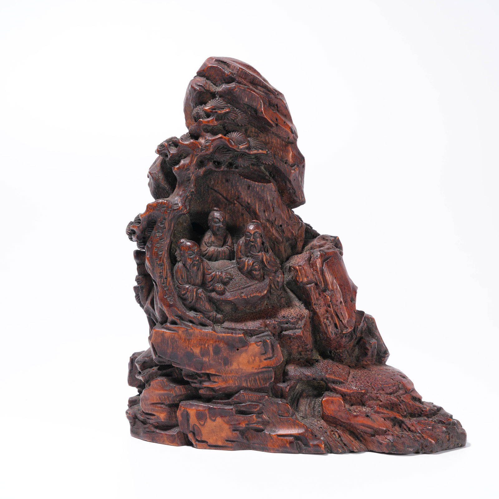 A BAMBOO ROOT CARVING SCHOLAR ELEGANT GATHERING-PATTERN ORNAMENT: Bamboo Root Carving Scholar Elegant Gathering-Pattern Ornament