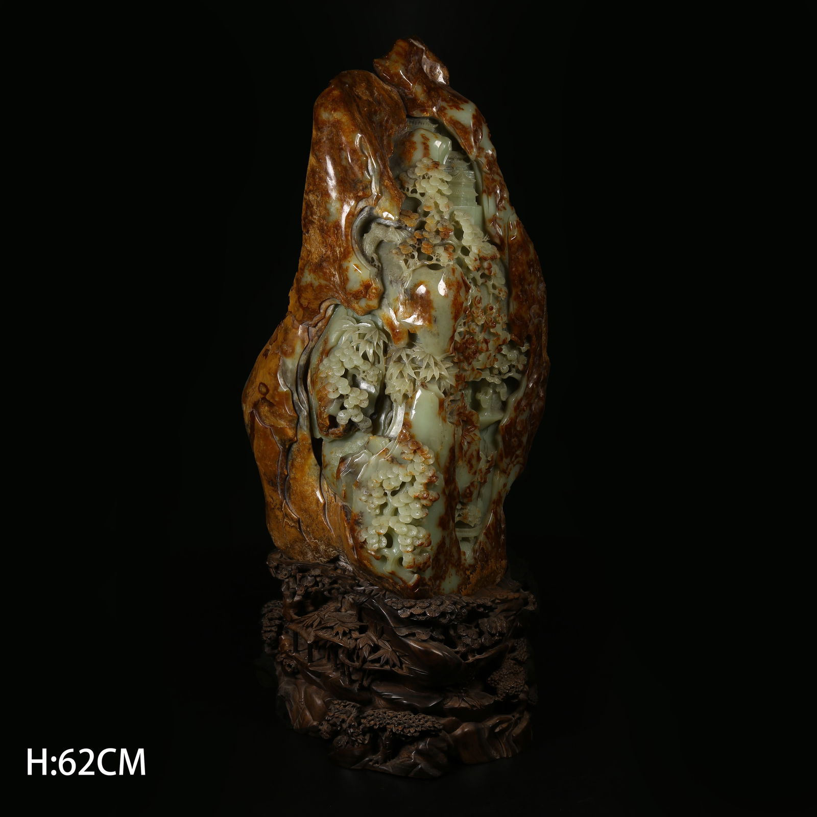 A HETIAN YELLOW JADE LANDSCAPE AND PAVILION MOTIF MOUNTAIN-FORM ORNAMENT: Hetian Yellow Jade Landscape and Pavilion Motif Mountain-Form Ornament