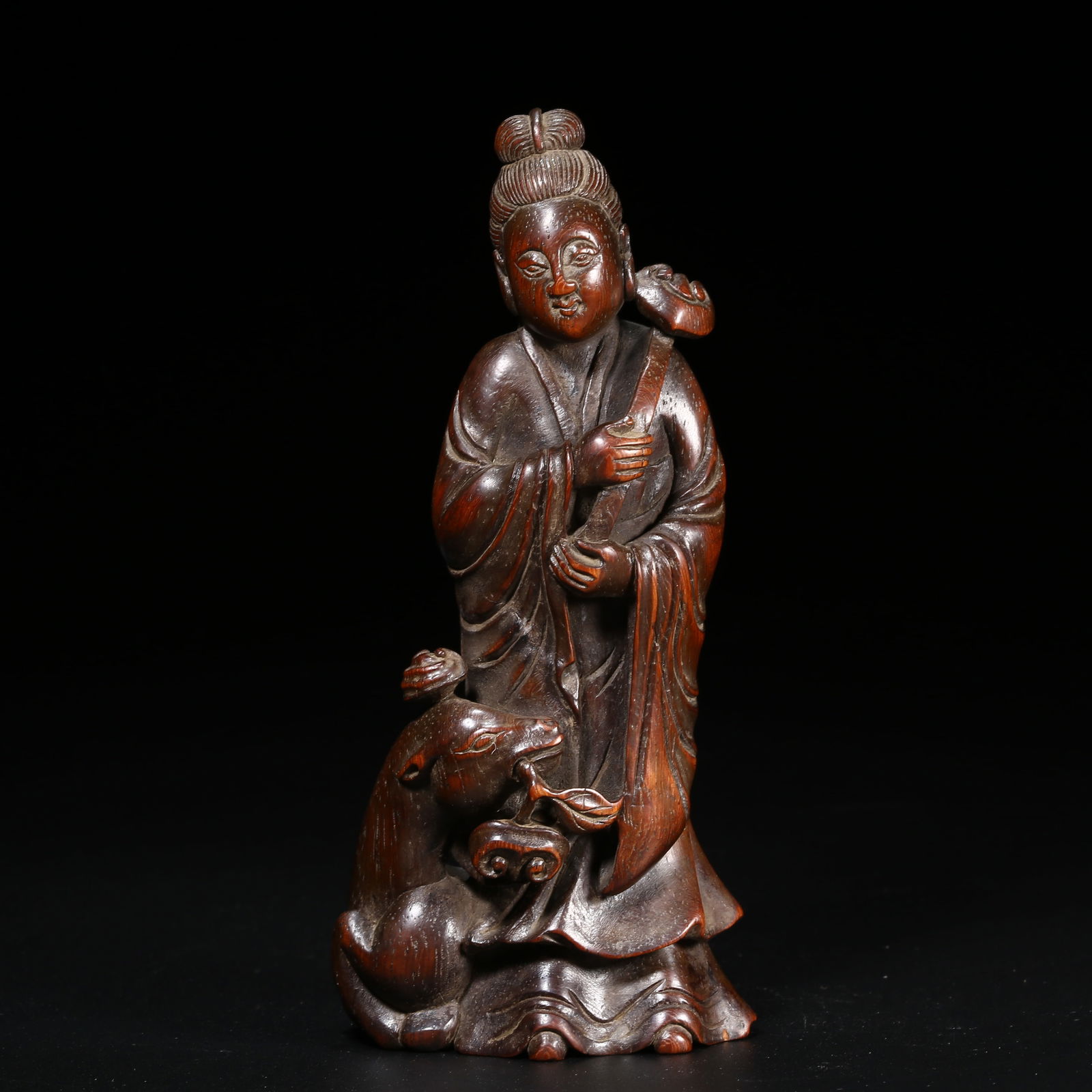A HUANGHUALI FIGURE OF MAGU PRESENTING LONGEVITY: Huanghuali figure of Magu Presenting Longevity
