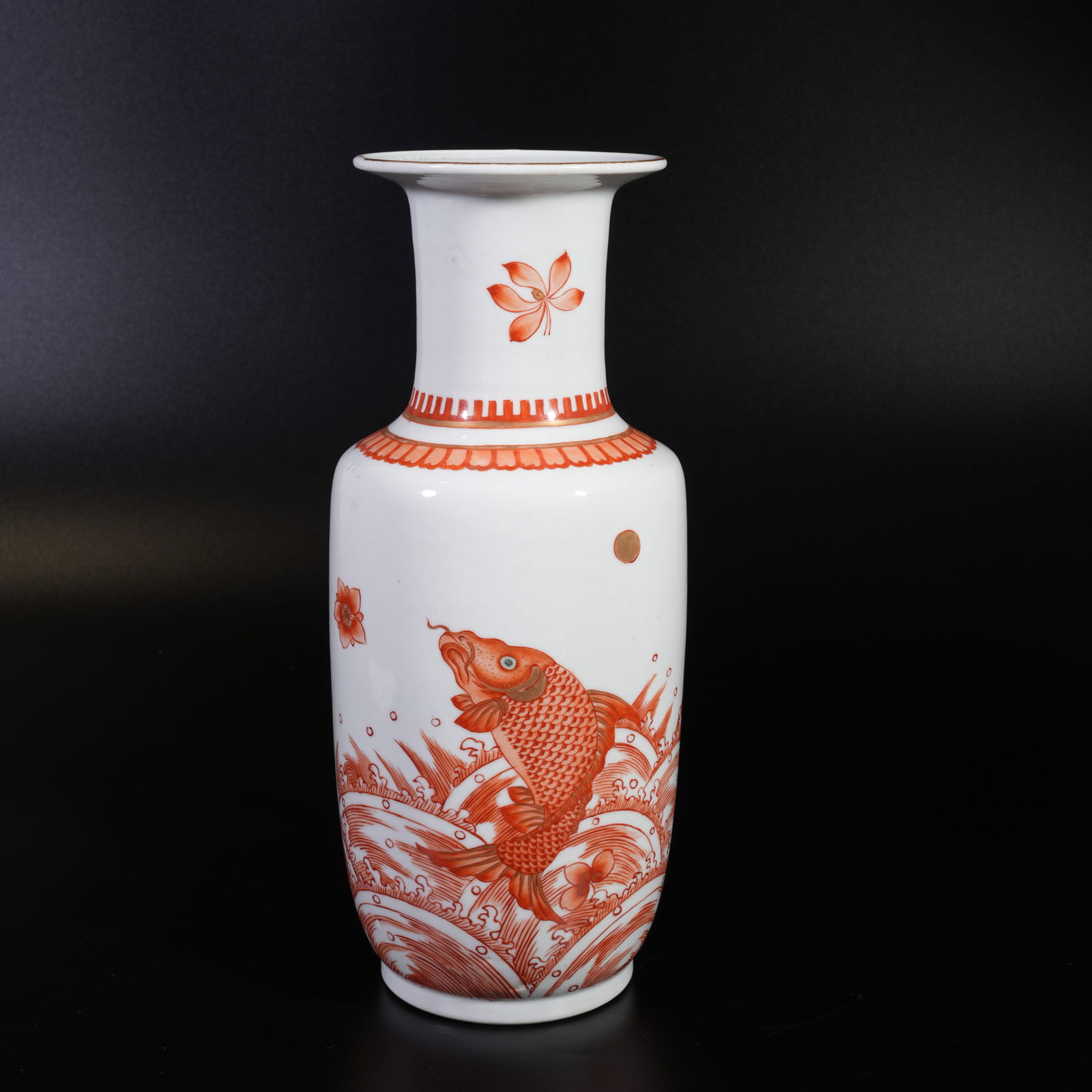 A IRON-RED "FISH LEAPING OVER THE DRAGON GATE" DISH-MOUTH VASE: Iron-red "Fish Leaping over the Dragon Gate" dish-mouth vase