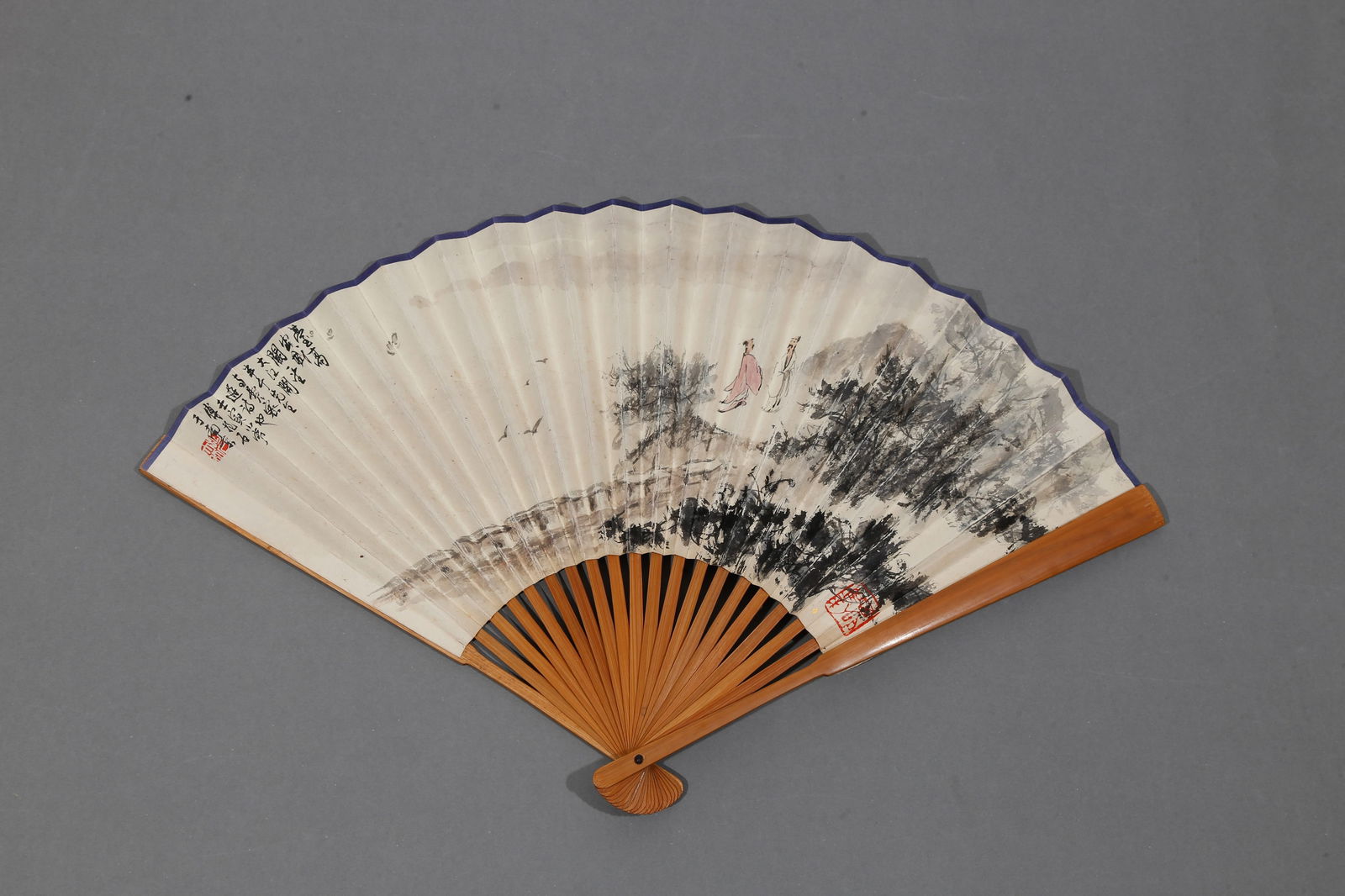 A LANDSCAPE AND SCHOLAR PAINTING ON PAPER FAN BY FU BAOSHI.傅抱石: Landscape and Scholar Painting on Paper Fan by Fu Baoshi.傅抱石
