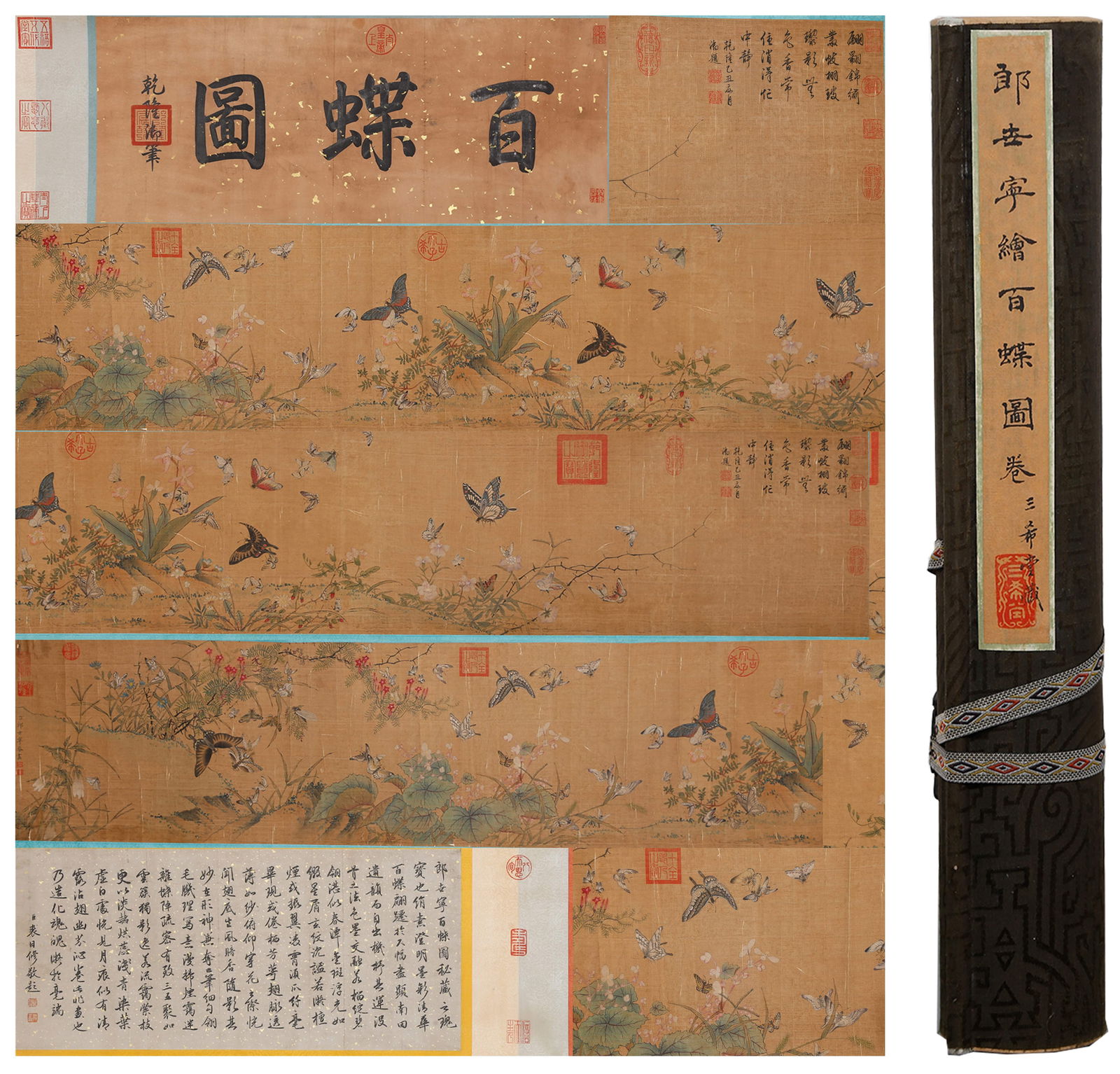 A "HUNDRED BUTTERFLIES" ON SILK HANDSCROLL BY LANG SHINING.郎世寧: "Hundred Butterflies" on Silk Handscroll by Lang Shining.郎世寧