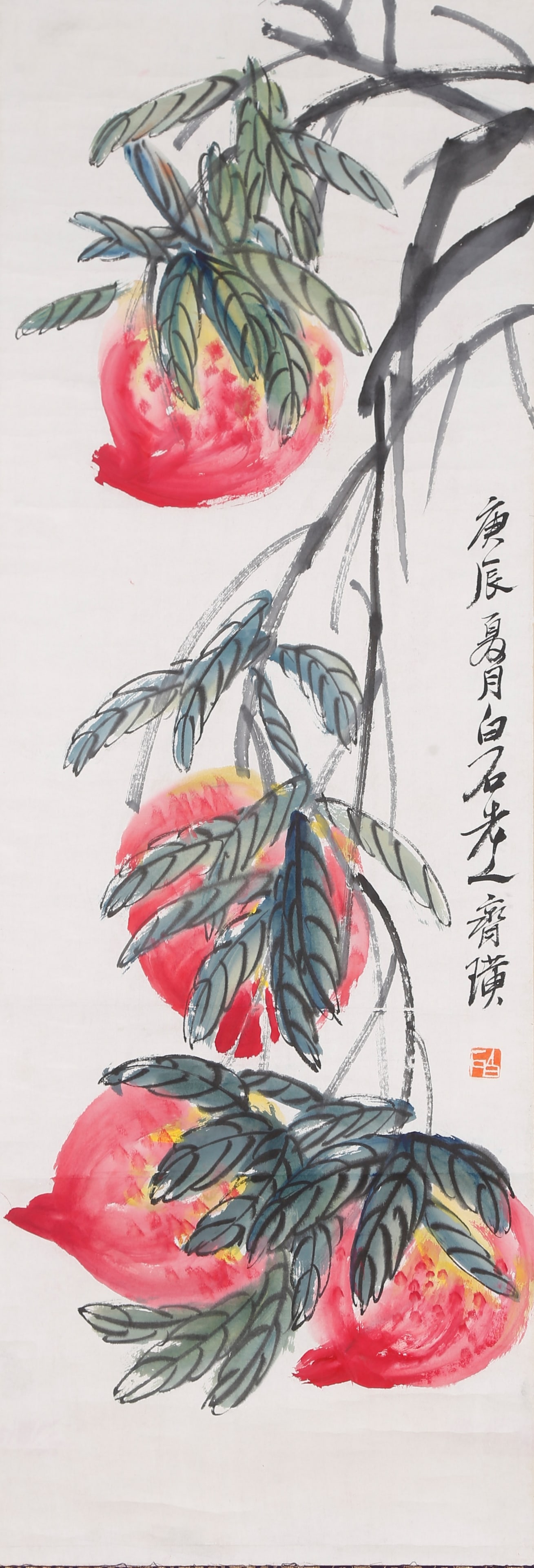 A LONGEVITY PEACH PAINTING ON PAPER BY QI BAISHI.齊白石: Longevity Peach Painting on Paper by Qi Baishi.齊白石