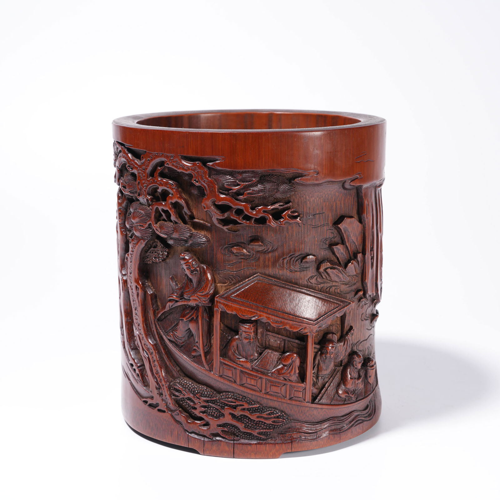 A BAMBOO ROOT CARVING LANDSCAPE AND FIGURE-PATTERN BRUSH HOLDER: Bamboo Root Carving Landscape and Figure-Pattern Brush Holder