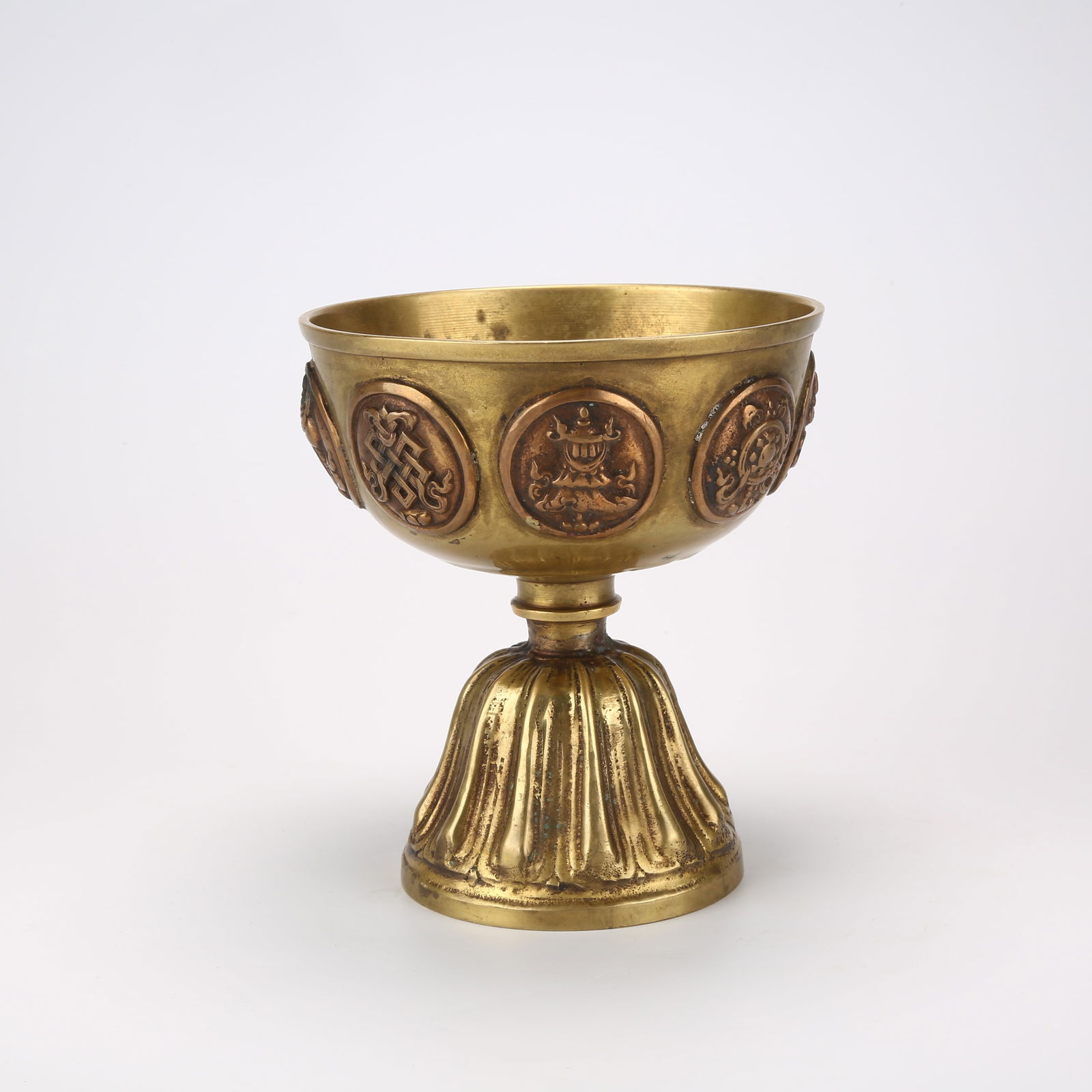 A OIL LAMP INLAID WITH RED BRONZE AND EIGHT AUSPICIOUS SYMBOLS: Oil Lamp Inlaid with Red Bronze and Eight Auspicious Symbols