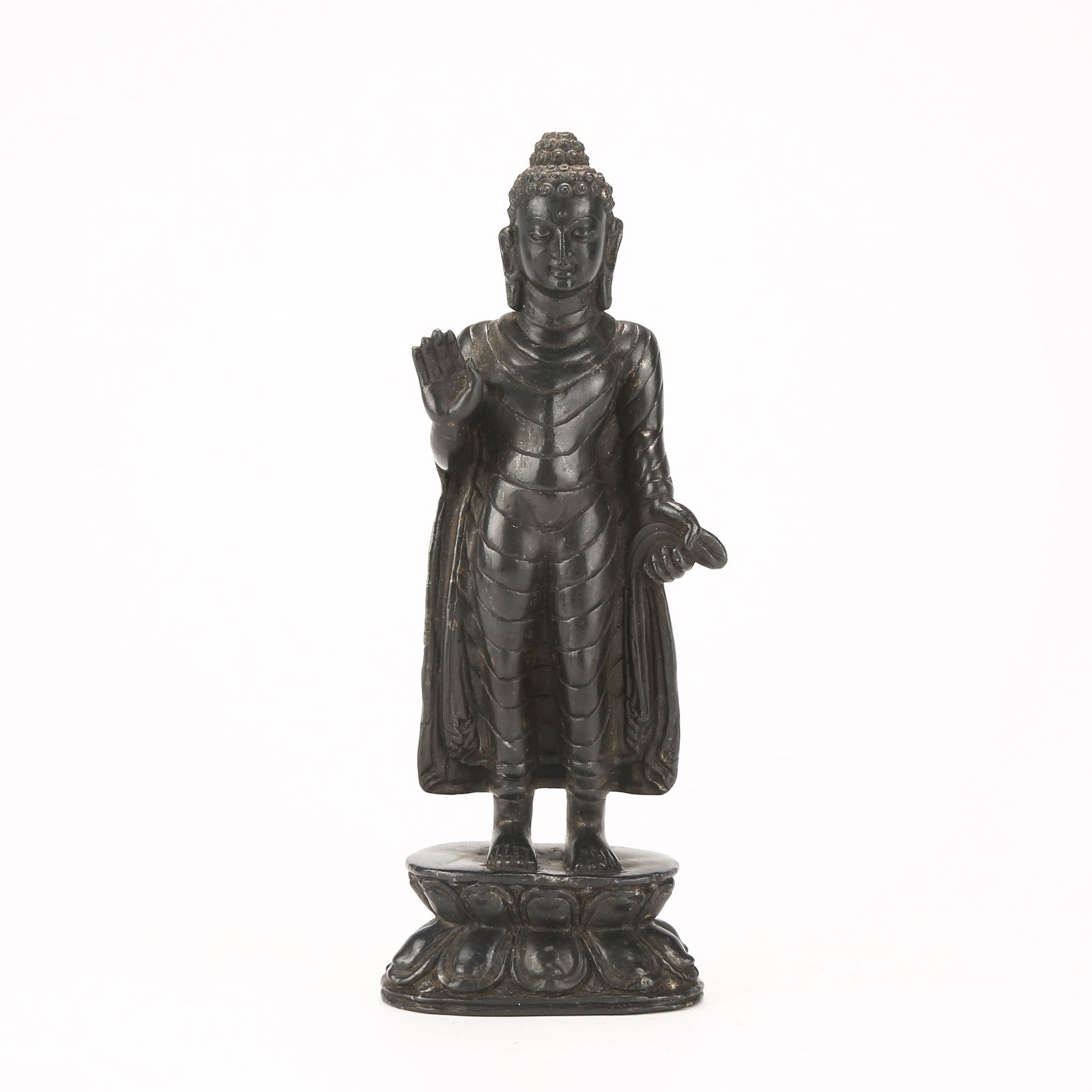 A STANDING SHAKYAMUNI FIGURE IN GUPTA STYLE, BLACK STONE: Standing Shakyamuni Figure in Gupta Style, Black Stone