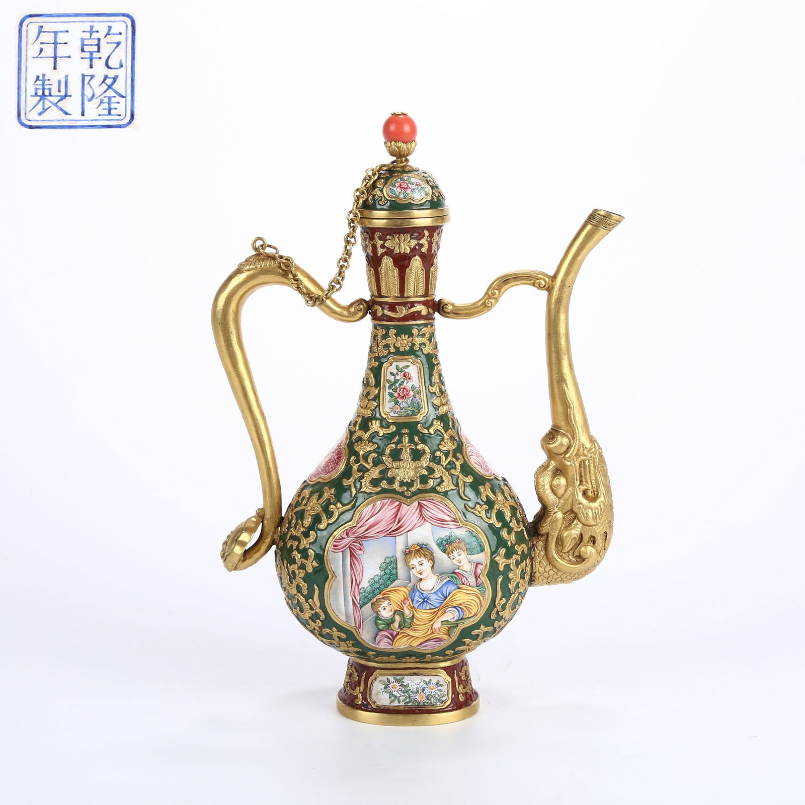 A CHASED BRONZE EWER WITH CLOISONNÉ AND INLAID ENAMEL, FEATURING WESTERN FIGURE SCENES: Chased copper ewer with cloisonné and inlaid enamel, featuring Western figure scenes