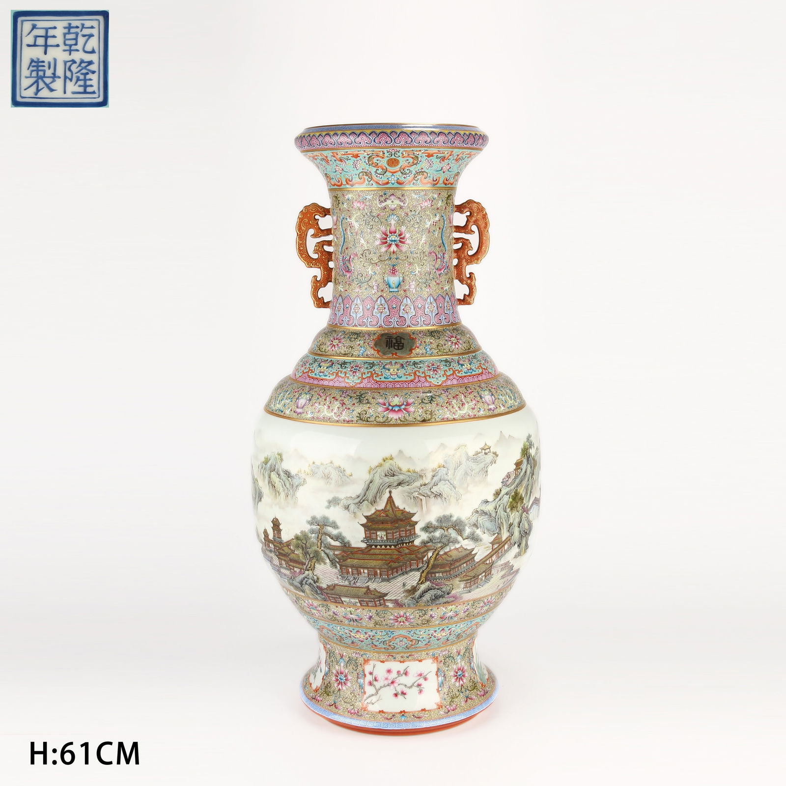A FAMILLE-ROSE LARGE TWIN-HANDLED VASE WITH LANDSCAPE AND PAVILION DESIGN: Famille-rose large twin-handled vase with landscape and pavilion design