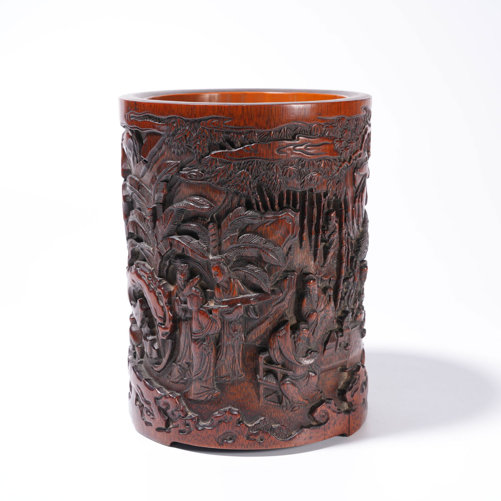 A BAMBOO ROOT CARVING SCHOLAR ELEGANT GATHERING-PATTERN BRUSH HOLDER: Bamboo Root Carving Scholar Elegant Gathering-Pattern Brush Holder