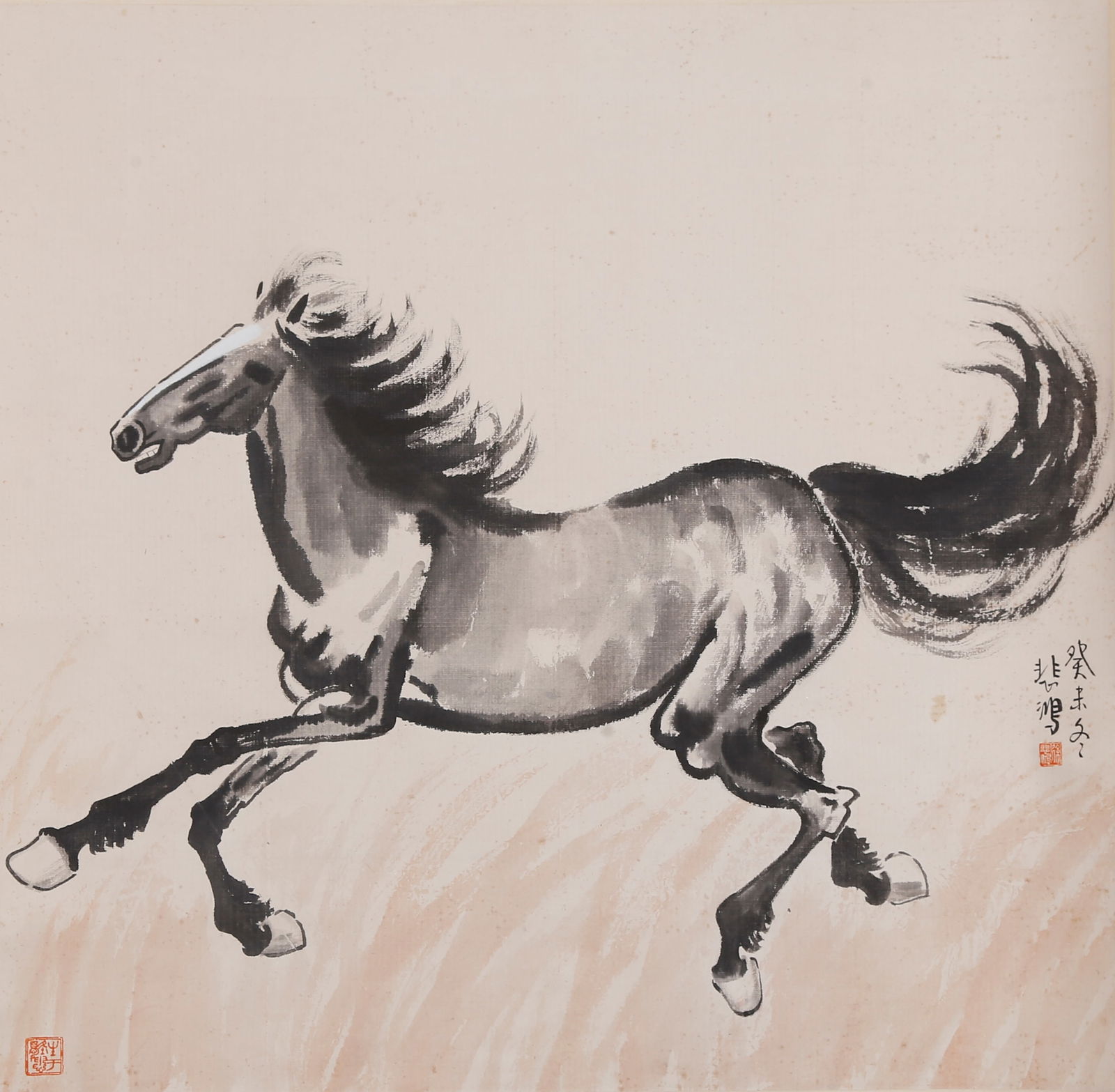 A GALLOPING HORSE PAINTING ON PAPER BY XU BEIHONG.徐悲鴻: Galloping Horse Painting on Paper by Xu Beihong.徐悲鴻