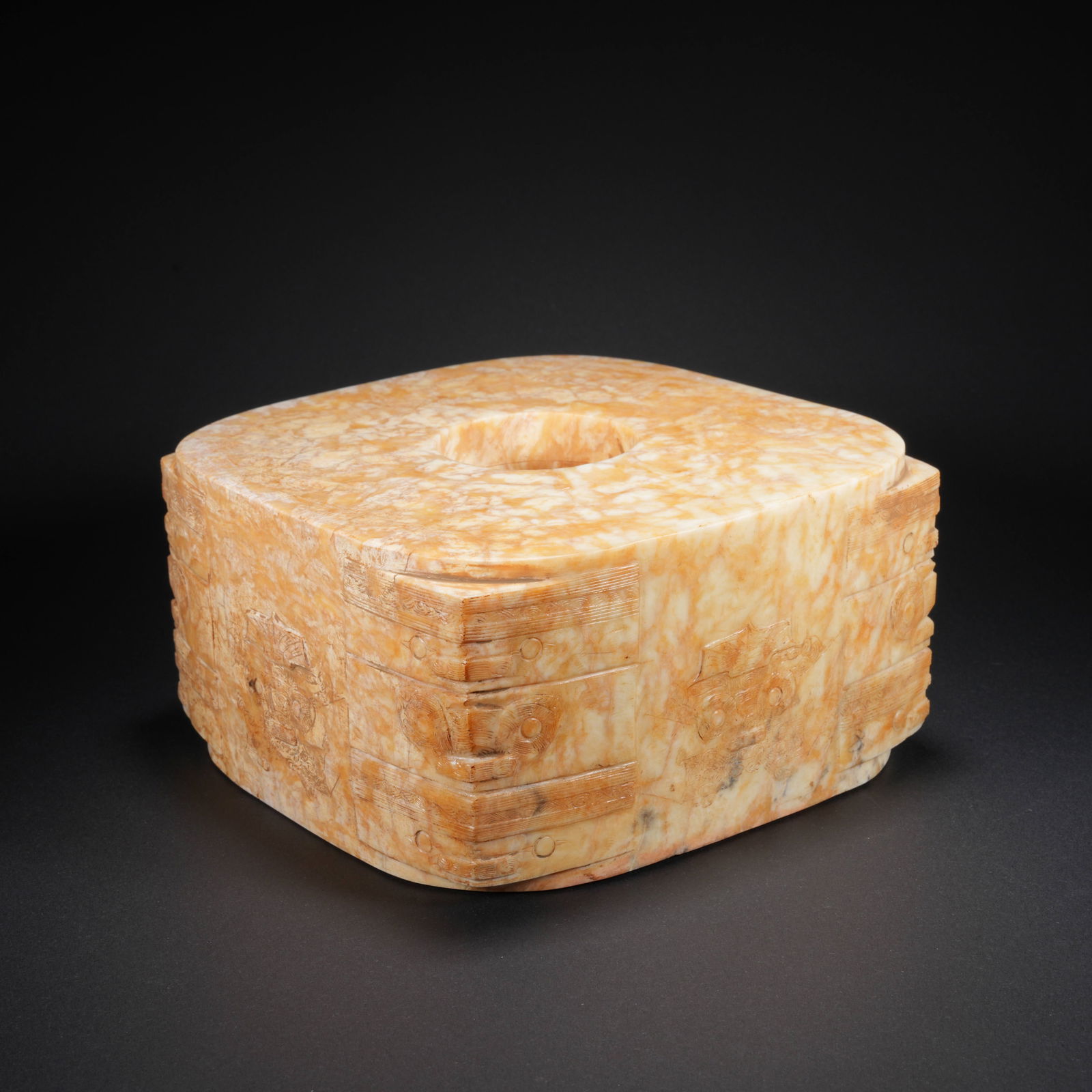 A ARCHAIC JADE CARVED CONG WITH BEAST-MASK MOTIF: Archaic Jade Carved Cong with Beast-Mask Motif