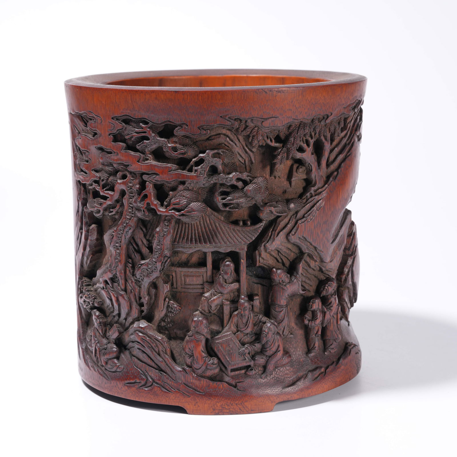 A BAMBOO ROOT CARVING SCHOLAR ELEGANT GATHERING-PATTERN BRUSH HOLDER: Bamboo Root Carving Scholar Elegant Gathering-Pattern Brush Holder