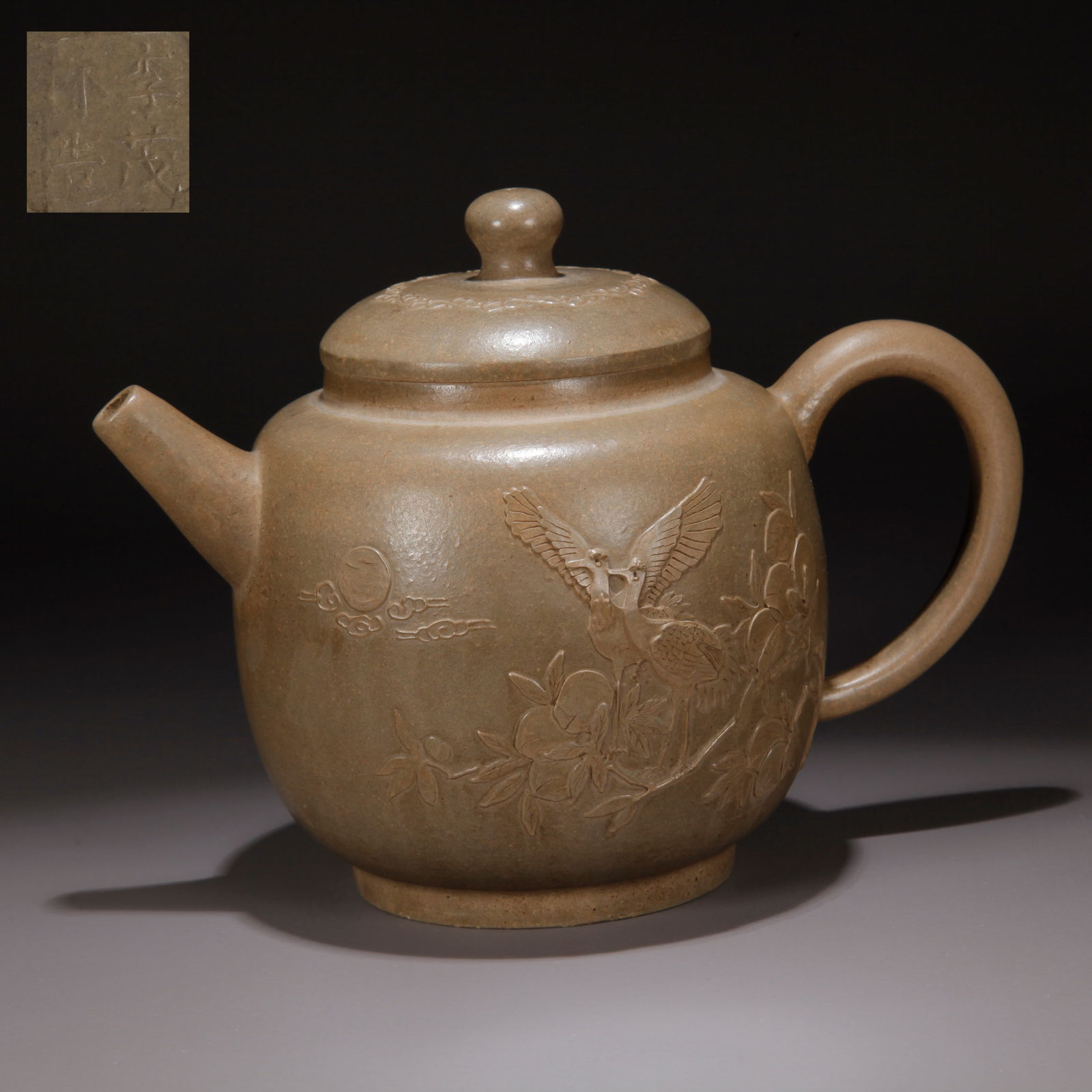 A ZISHA CLAY CARVED CRANE PATTERN EWER: Zisha Clay Carved Crane Pattern Ewer