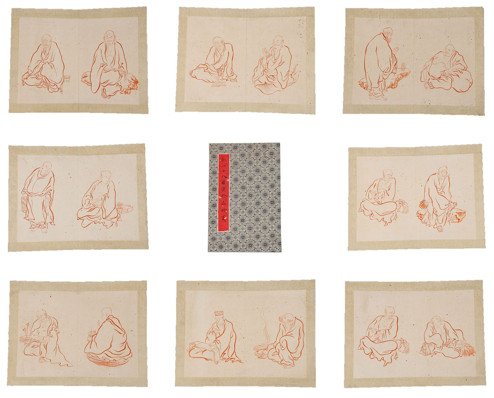 A EIGHTEEN ARHATS ALBUM ON PAPER (10 LEAVES) BY HONG YI.弘一: Eighteen Arhats Album on Paper (10 leaves) by Hong Yi.弘一