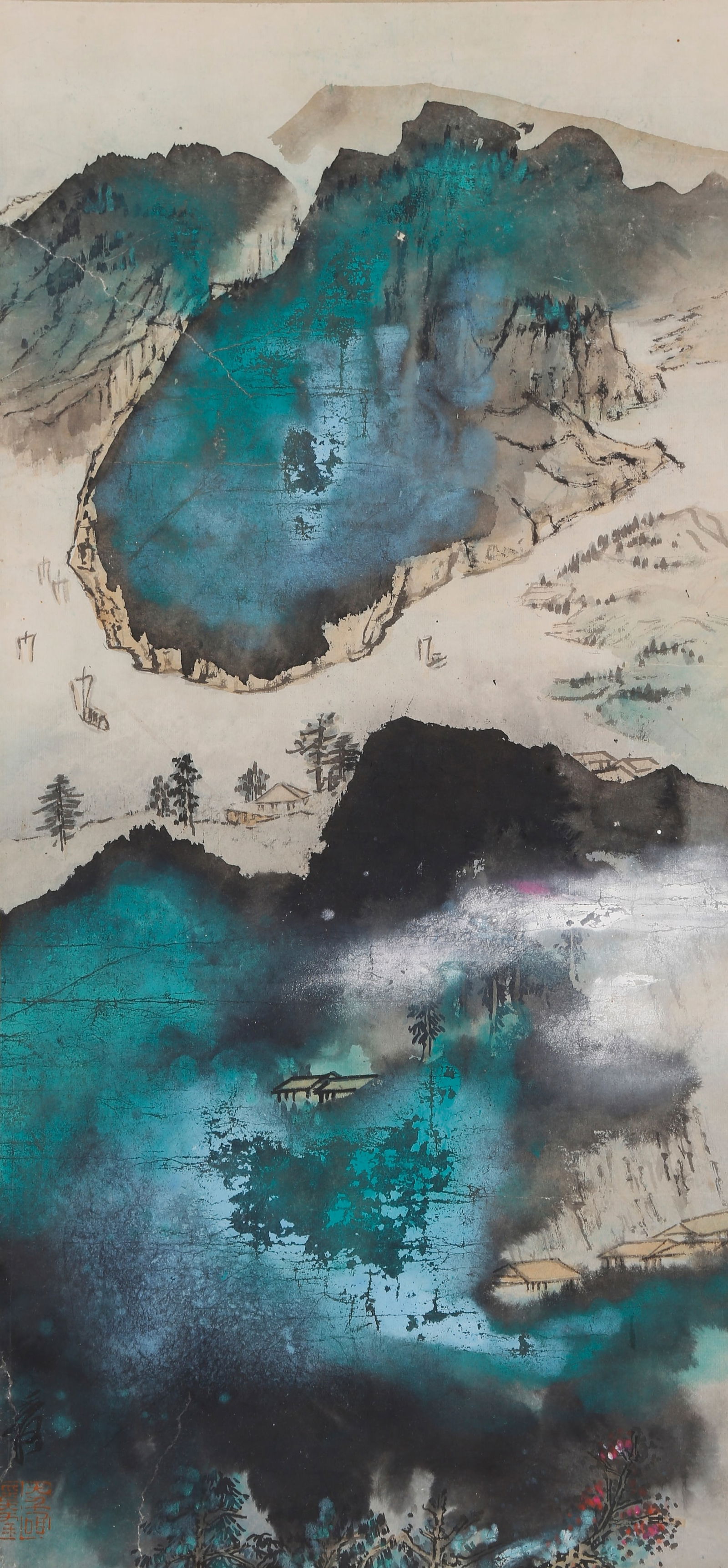 A SPLASH-COLOR LANDSCAPE PAINTING ON PAPER BY ZHANG DAQIAN.張大千: Splash-Color Landscape Painting on Paper by Zhang Daqian.張大千