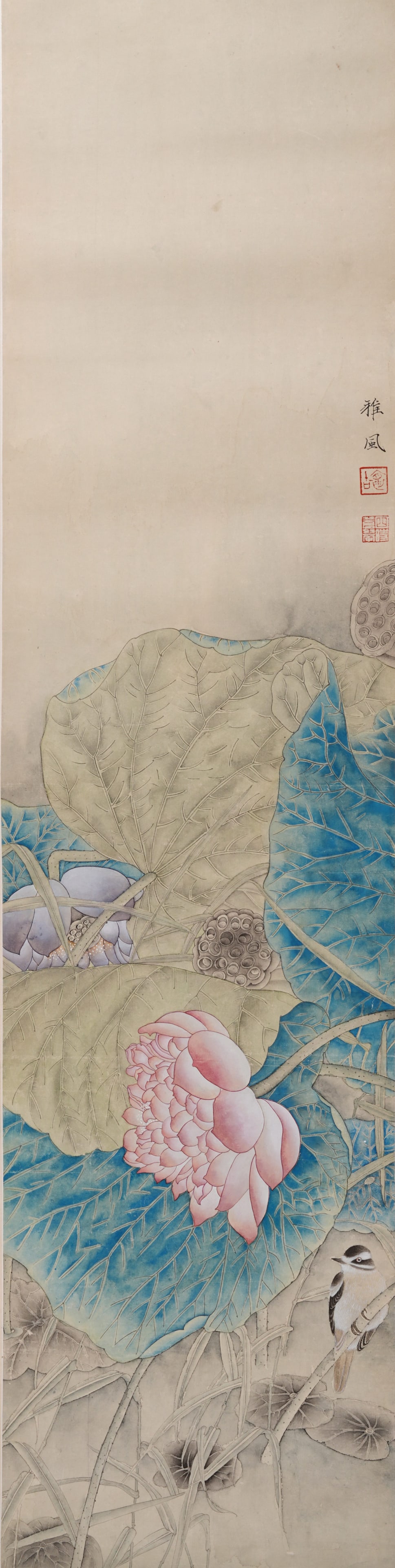 A LOTUS PAINTING ON PAPER BY JIANG HONGWEI, HANGING SCROLL.江宏偉: Lotus Painting on Paper by Jiang Hongwei, hanging scroll.江宏偉