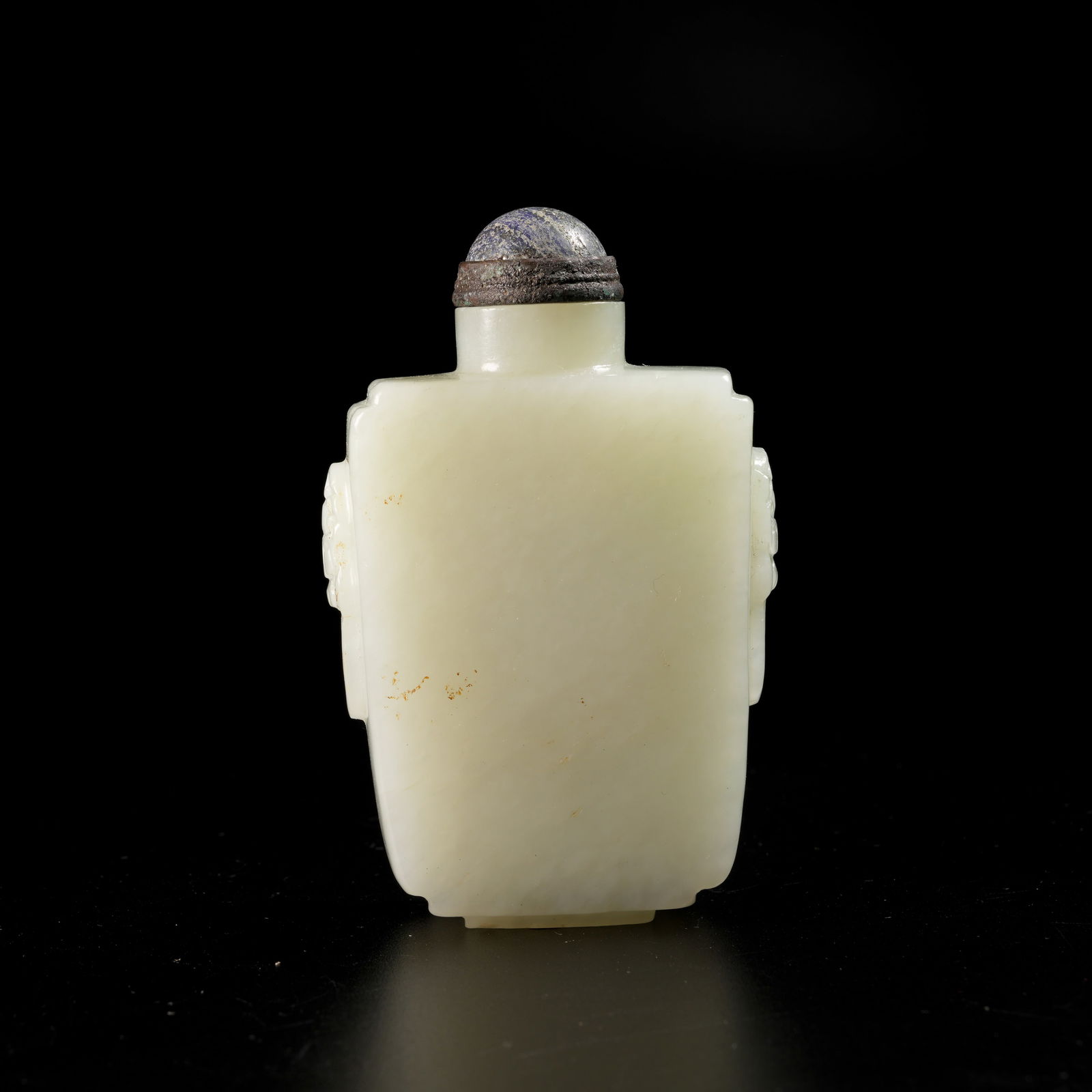 A HETIAN JADE BEAST-MASK-LUG SNUFF BOTTLE: Hetian Jade Beast-Mask-Lug Snuff Bottle