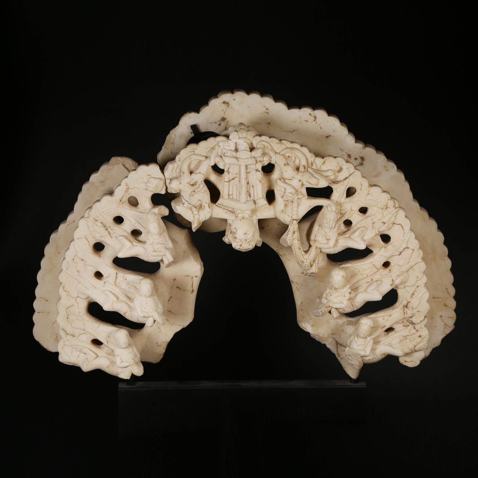 A POLISHED WHITE MARBLE SIX AUSPICIOUS IMPLEMENTS: Polished White Marble Six Auspicious Implements