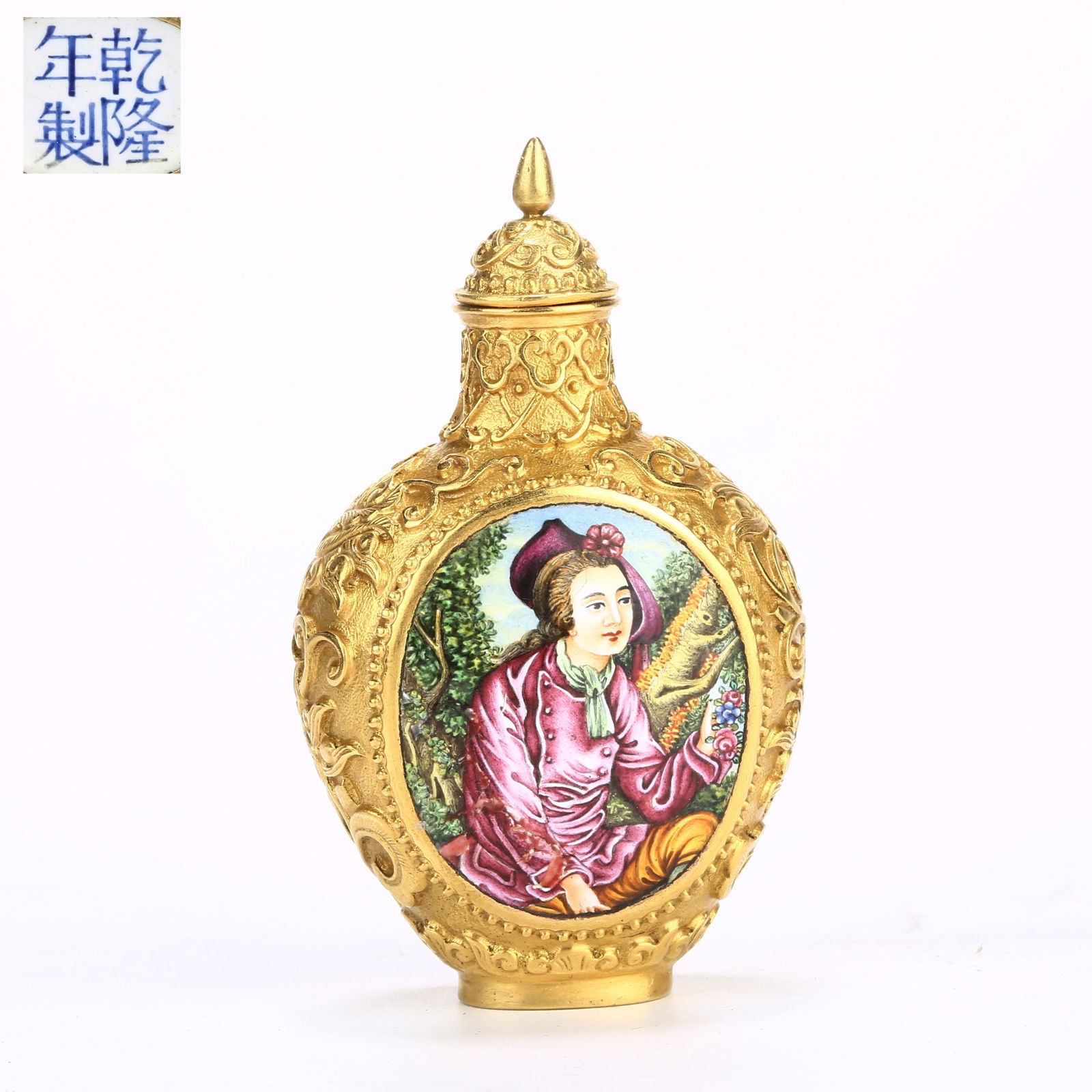 A GILT-BRONZE ENAMELED SNUFF BOTTLE WITH WESTERN FIGURE MOTIF (1 of 8)